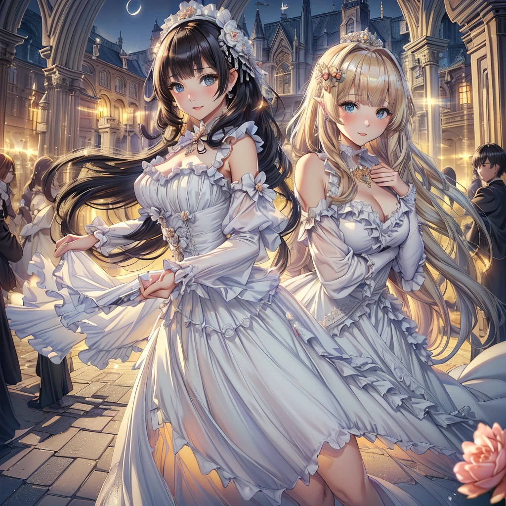 (((Dress Transparent Dress))), (((The dress features a voluminous hoop skirt and a long hem.、A gorgeous, incomparably gorgeous Rococo Victorian gown, Princess style skirt))), (ガウン shine まばゆいばかりに キラキラ 反射する プリズム状 透明 ガウン:1.2), (Gown A very elaborate gown:1.5), ((Huge breasts)), (Expressive hair), Very voluminous、Very long hair, bangs, Super delicate and beautiful face, Beautiful Lips, (Hyper Detail: Delicate and beautiful eyes), Cleavage, Beautiful smile, (((Young Face, Solo Enchanting Adorable Princess, Teenage Girl, pretty girl, very pretty girl))), (Anime Moe Art Style 1.3), (((masterpiece, Super detailed, Highest quality, Ultra-high resolution, Great quality, Exceptional Quality, Super detailed, Ultra-high resolution, Unity 16K, 32k, ultra photo Realistic))), (Face Focus, Eye focus, Realistic, Blurred Background, Lens flare, shine, Light caustic effect:1.5), (Background of the church at night:1.3),