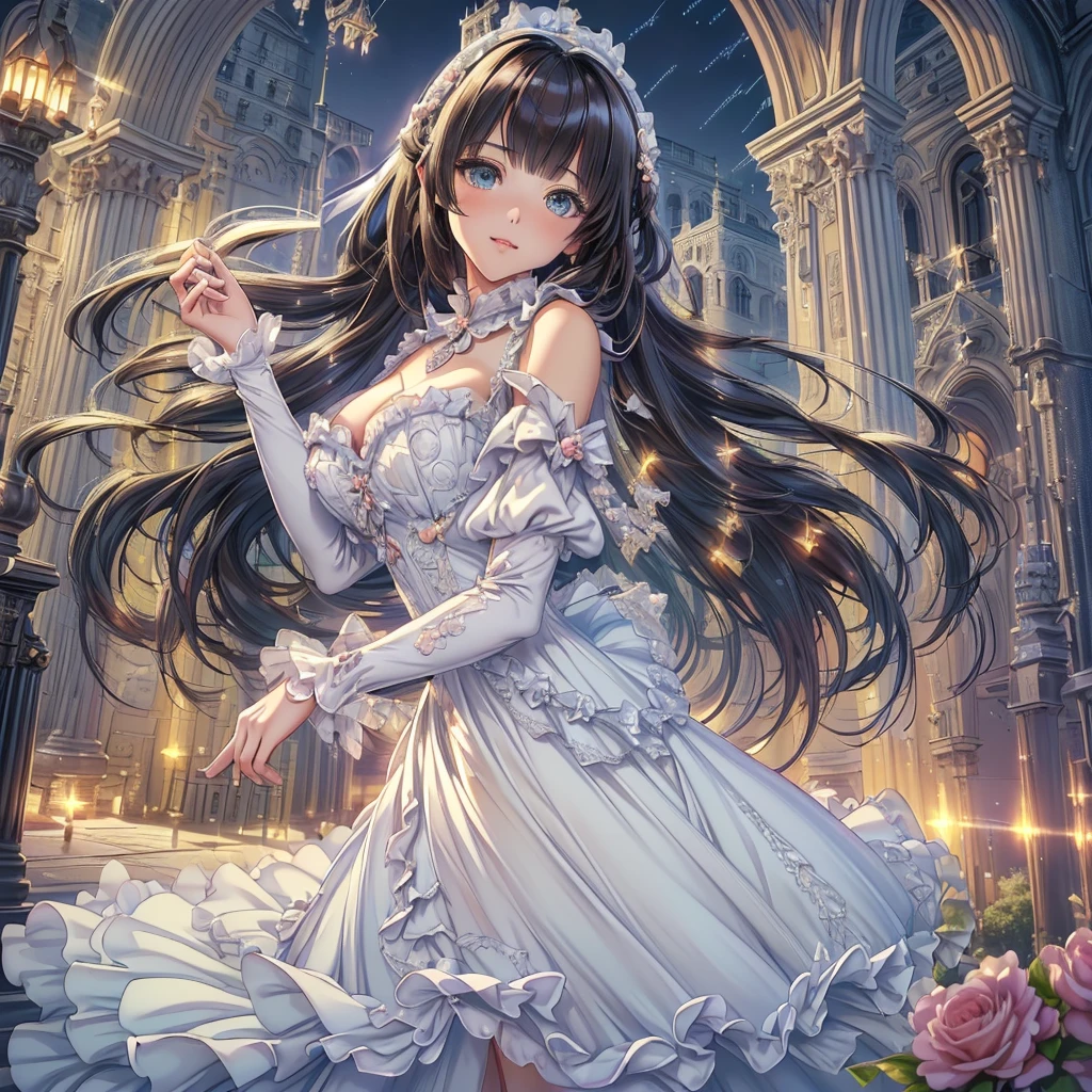 (((Dress Transparent Dress))), (((The dress features a voluminous hoop skirt and a long hem.、A gorgeous, incomparably gorgeous Rococo Victorian gown, Princess style skirt))), (ガウン shine まばゆいばかりに キラキラ 反射する プリズム状 透明 ガウン:1.2), (Gown A very elaborate gown:1.5), ((Huge breasts)), (Expressive hair), Very voluminous、Very long hair, bangs, Super delicate and beautiful face, Beautiful Lips, (Hyper Detail: Delicate and beautiful eyes), Cleavage, Beautiful smile, (((Young Face, Solo Enchanting Adorable Princess, Teenage Girl, pretty girl, very pretty girl))), (Anime Moe Art Style 1.3), (((masterpiece, Super detailed, Highest quality, Ultra-high resolution, Great quality, Exceptional Quality, Super detailed, Ultra-high resolution, Unity 16K, 32k, ultra photo Realistic))), (Face Focus, Eye focus, Realistic, Blurred Background, Lens flare, shine, Light caustic effect:1.5), (Background of the church at night:1.3), 