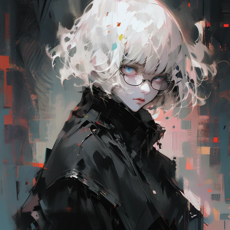 Highest quality,Highest Resolution,One girl,Big Breasts,Short Bob,Very beautiful eyes,whole body,Glasses,Colorful,Look up