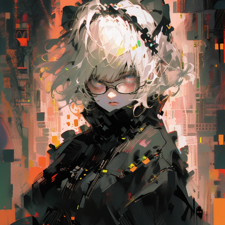 Highest quality,Highest Resolution,One girl,Big Breasts,Short Bob,Very beautiful eyes,whole body,Glasses,Colorful,Look up