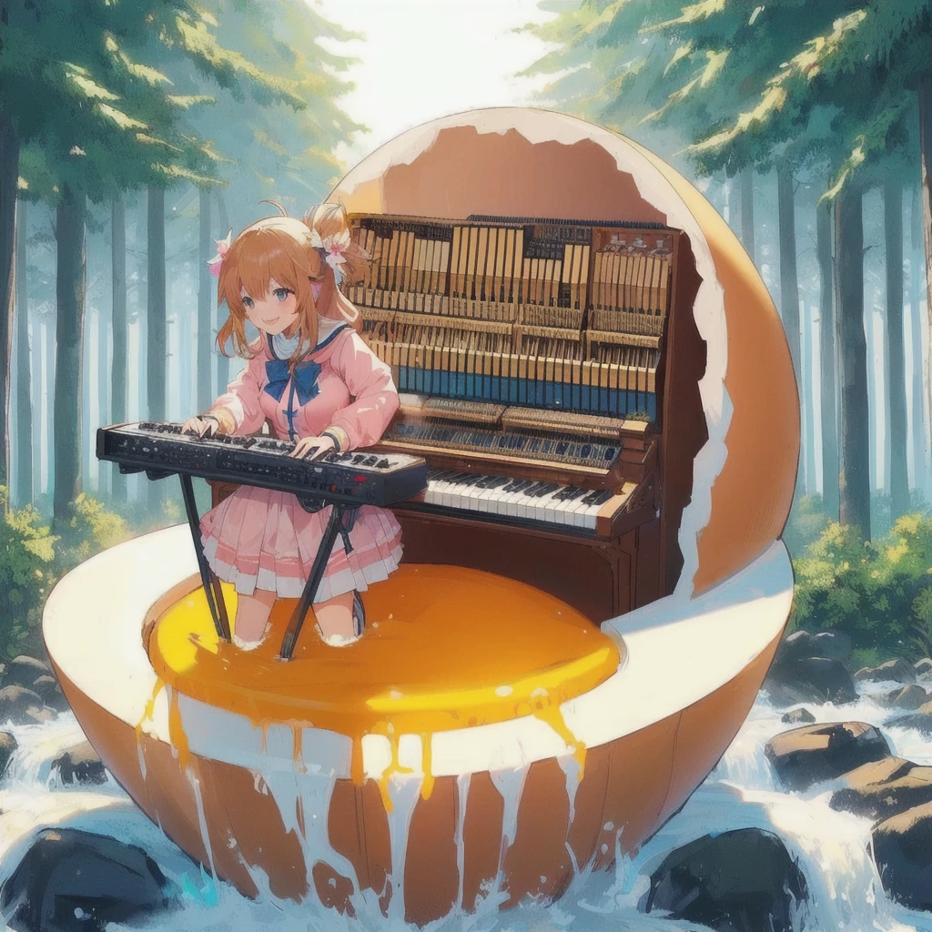 Anime girl playing keyboard on a giant egg,smile,Celeste's Madeline, Official Artwork, Lofi Art, 80s anime style,official Fan art, Lo-fi Girl, nodded, lofi album art, Promotional Art, Fan art, high quality Fan art, Background artwork, Official Art, Lofi Artstyle, Synth feel, High quality artwork, Chill Hop, Portrait of Rofi