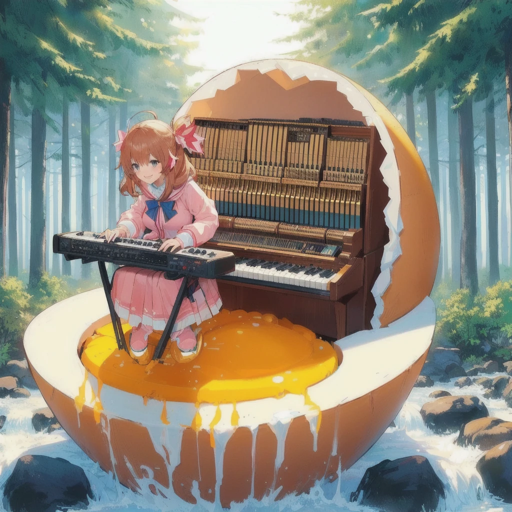 Anime girl playing keyboard on a giant egg,smile,Celeste's Madeline, Official Artwork, Lofi Art, 80s anime style,official Fan art, Lo-fi Girl, nodded, lofi album art, Promotional Art, Fan art, high quality Fan art, Background artwork, Official Art, Lofi Artstyle, Synth feel, High quality artwork, Chill Hop, Portrait of Rofi