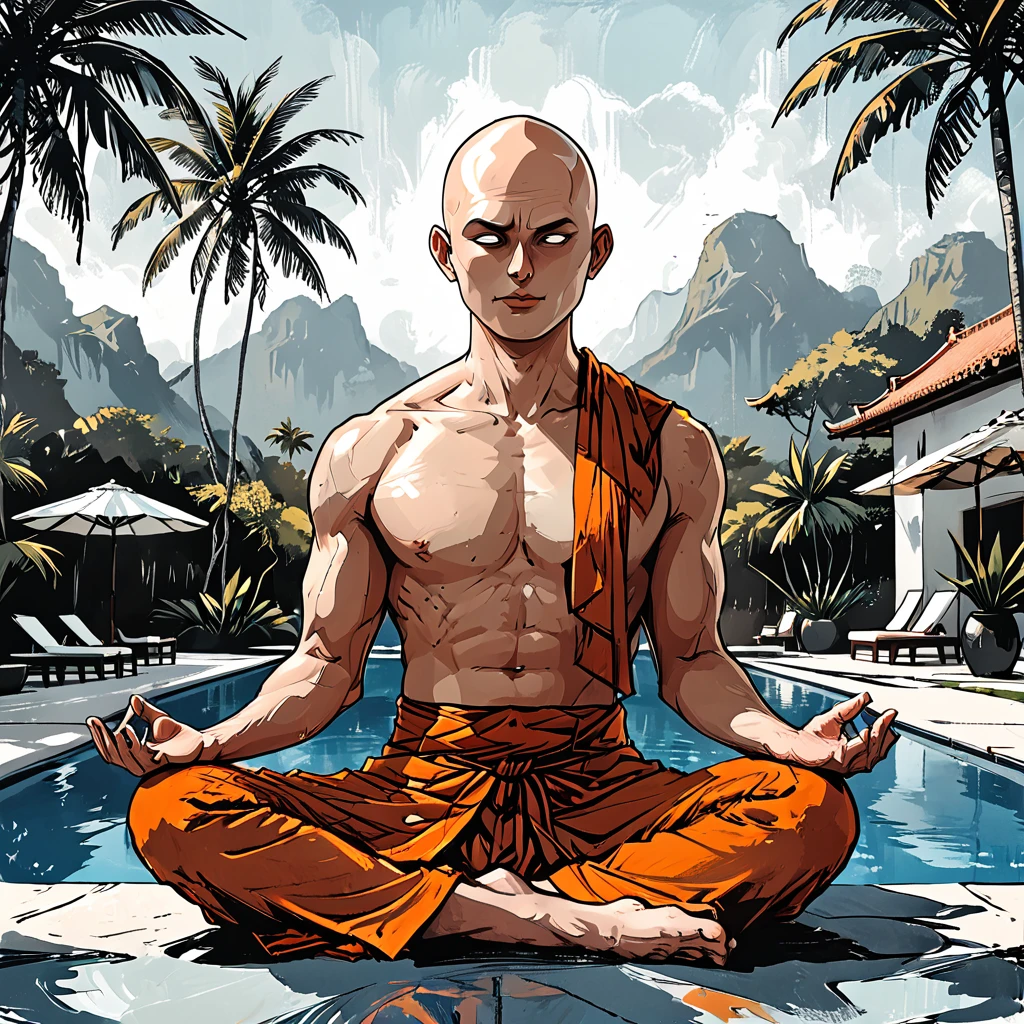 blind Buddhist monk sitting in lotus position next to the pool at the white hotel, tropical, palm, white hotel, pool, round face, white eyes, no eyebrows, no hair, bald, paw-eared, round cheeks, narrow lips, man, white sclera eyes, Whitewash Eyes, ((orange Kashaya)), graphic style of novel comics, perfect hands, 2d,
8k, hyperrealism, masterpiece, high resolution, best quality, ultra-detailed, super realistic, Hyperrealistic art, high-quality, ultra high res, highest detailed, lot of details, Extremely high-resolution details, incredibly lifelike, colourful, soft cinematic light,
