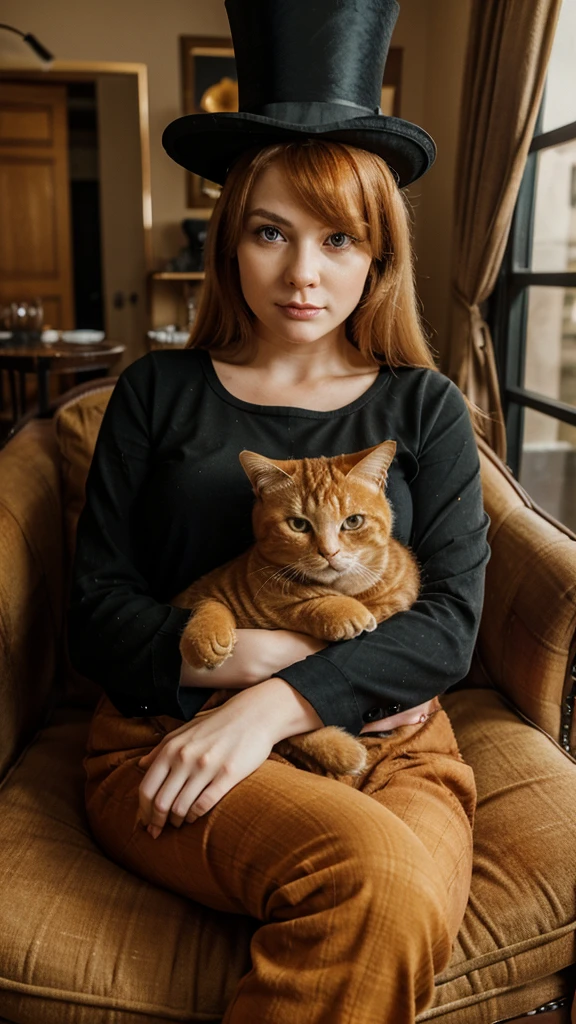 a cute fat orange tabby cat, wearing a black top hat and monocle on left eye, sitting on a plaid armchair, indoor scene, highly detailed, intricate, photorealistic, 8k, studio lighting, vibrant colors, masterpiece