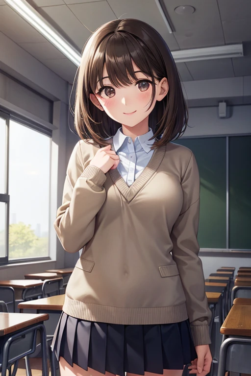 anegasaki nene、Shiny brown hair, short hair, (Beautiful brown eyes、Sparkling eyes, Fine grain)、smile、Ultra-detailed eyes、Very detailed顔, Very detailed目,


(high quality, High resolution, Fine details), Realistic,Cowboy Shot、

2D, artwork, Better Quality, anime, Very detailed,  1 girl, alone,  , blazer, Grey sweater, Are standing, classroom, 不気味なsmile, Tsundere