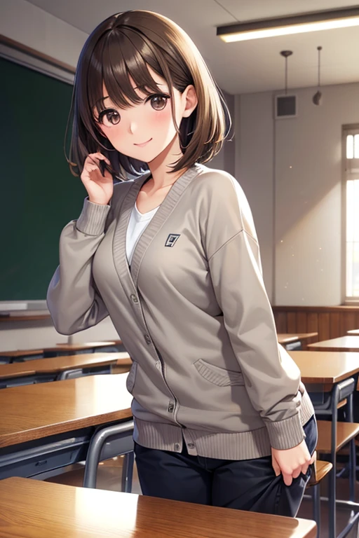 anegasaki nene、Shiny brown hair, short hair, (Beautiful brown eyes、Sparkling eyes, Fine grain)、smile、Ultra-detailed eyes、Very detailed顔, Very detailed目,


(high quality, High resolution, Fine details), Realistic,Cowboy Shot、

2D, artwork, Better Quality, anime, Very detailed,  1 girl, alone,  , blazer, Grey sweater, Are standing, classroom, 不気味なsmile, Tsundere