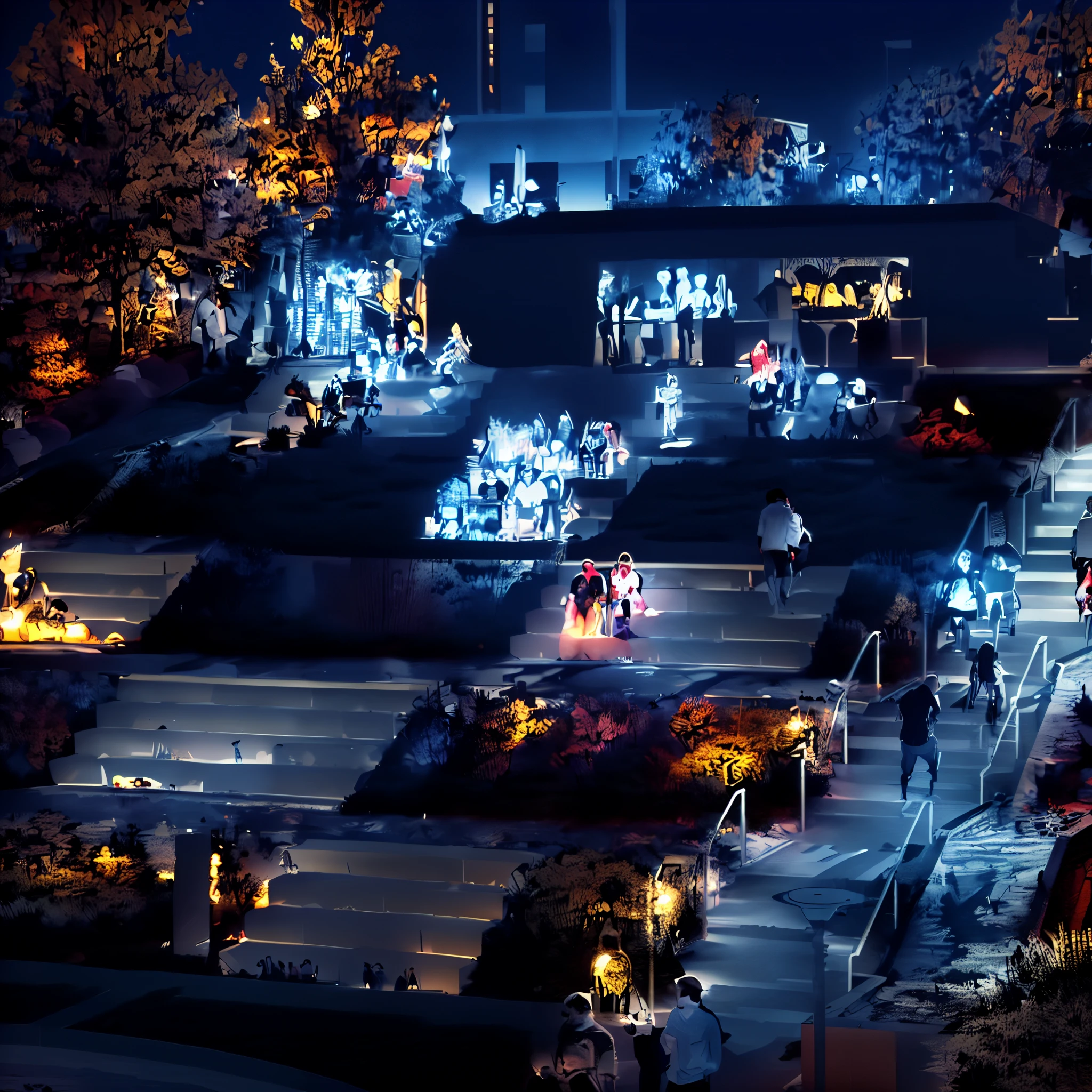 People walking in the park，In the background is a clock tower, People enjoying the performance, an outdoor festival stage, Parks and public spaces, Summer environment, A lot of people, photo courtesy museum of art, evening, Absolutely outstanding image, Artist unknown, Instagram photos, 夏日的evening, Filmed in the early 2020s, evening黄昏