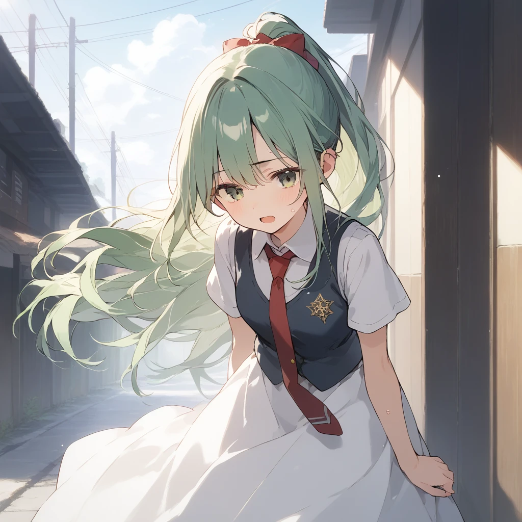 score_9, score_8_up, score_7_up, source_anime, best quality, masterpiece, official art, absurdres, highres, ultra-detailed,waifu2x,Collection: Slice of Life,break,1girl, green eyes,green hair,long hair,ponytail, red necktie,vest,long skirt, sweat, open mouth, sleepily,  outdoors, wind,break,(clear line illustration:1.2), super detailed skin,very high resolution, very aesthetic, Best sexual lighting powered by famous artist, 8k,cute picture,beauty illustration,photoshop_(medium),,(Detailed Lighting),best anime 8k konachan wallpaper, pixiv contest winner, 