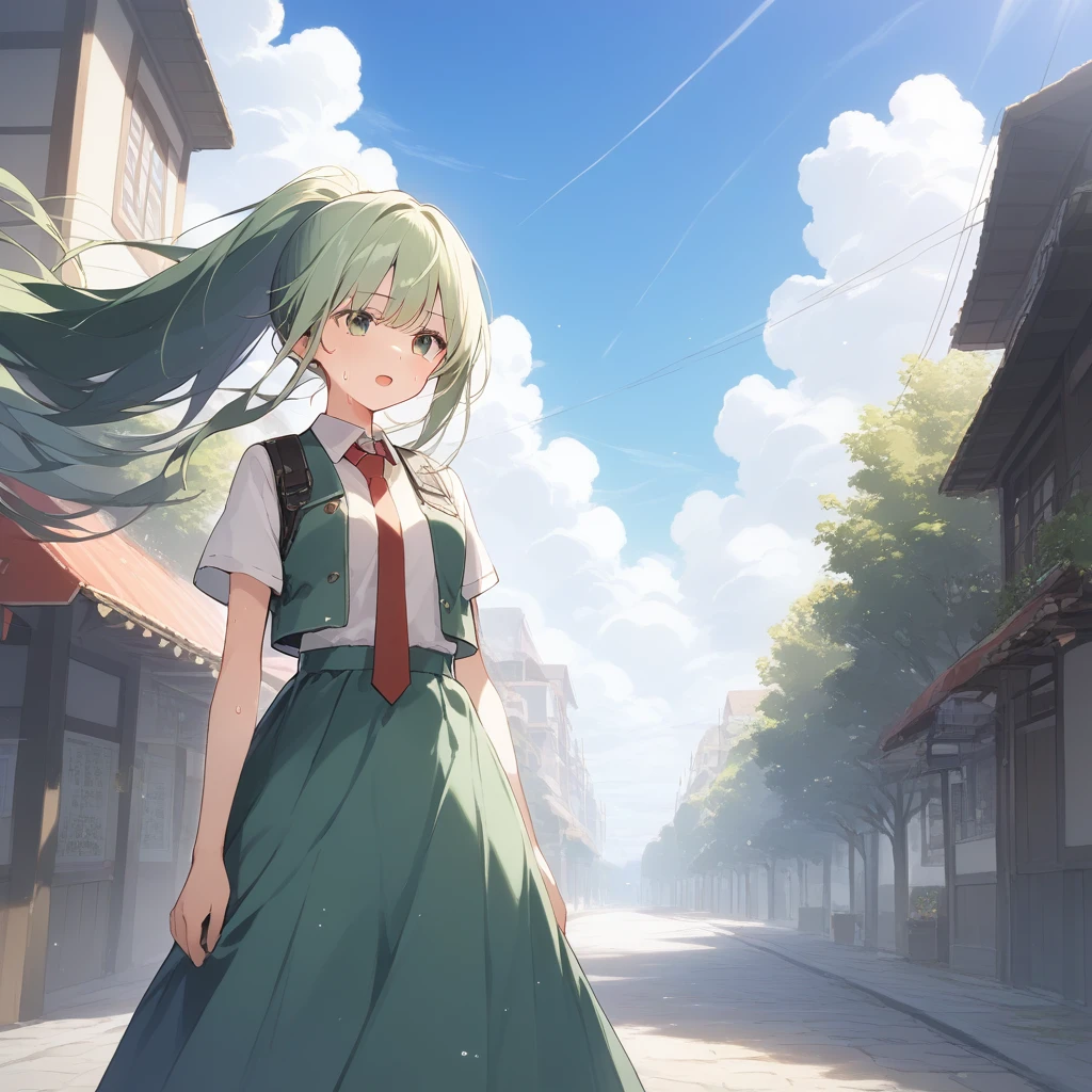 score_9, score_8_up, score_7_up, source_anime, best quality, masterpiece, official art, absurdres, highres, ultra-detailed,waifu2x,Collection: Slice of Life,break,1girl, green eyes,green hair,long hair,ponytail, red necktie,vest,long skirt, sweat, open mouth, sleepily,  outdoors, wind,break,(clear line illustration:1.2), super detailed skin,very high resolution, very aesthetic, Best sexual lighting powered by famous artist, 8k,cute picture,beauty illustration,photoshop_(medium),,(Detailed Lighting),best anime 8k konachan wallpaper, pixiv contest winner, 