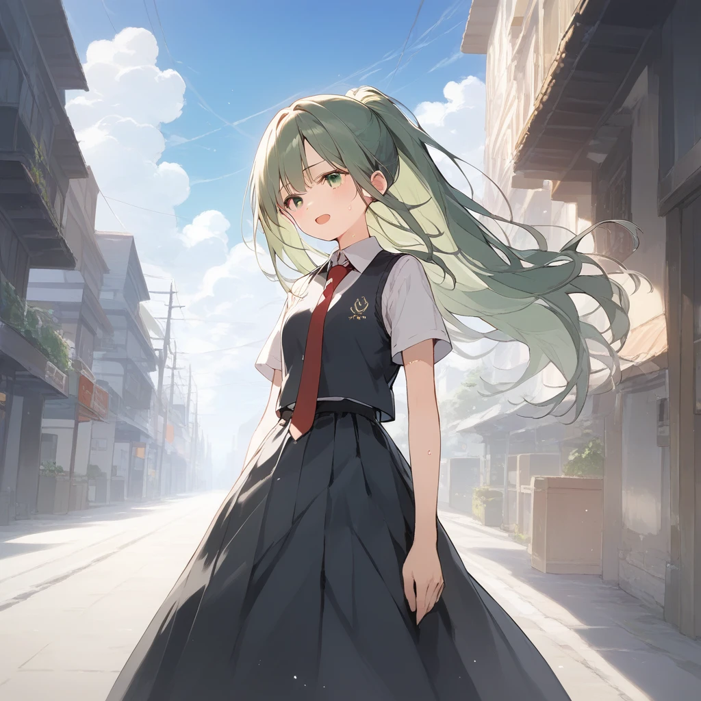 score_9, score_8_up, score_7_up, source_anime, best quality, masterpiece, official art, absurdres, highres, ultra-detailed,waifu2x,Collection: Slice of Life,break,1girl, green eyes,green hair,long hair,ponytail, red necktie,vest,long skirt, sweat, open mouth, sleepily,  outdoors, wind,break,(clear line illustration:1.2), super detailed skin,very high resolution, very aesthetic, Best sexual lighting powered by famous artist, 8k,cute picture,beauty illustration,photoshop_(medium),,(Detailed Lighting),best anime 8k konachan wallpaper, pixiv contest winner, 