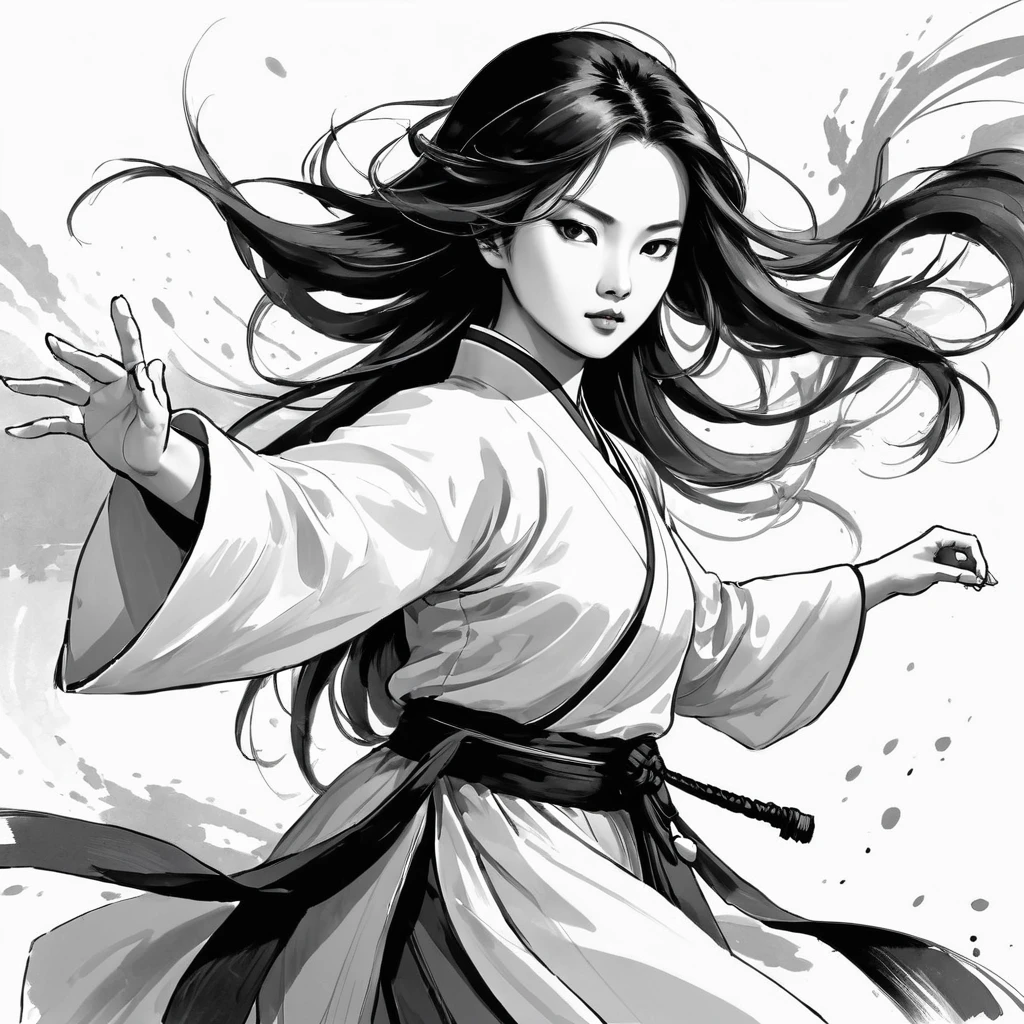 zydink, monochrome, ink sketch, asian (middle age woman), fighting stance, looking at viewer, long hair, floating hair, hanfu, chinese clothes, long sleeves, (abstract ink splash:1.2), white background
