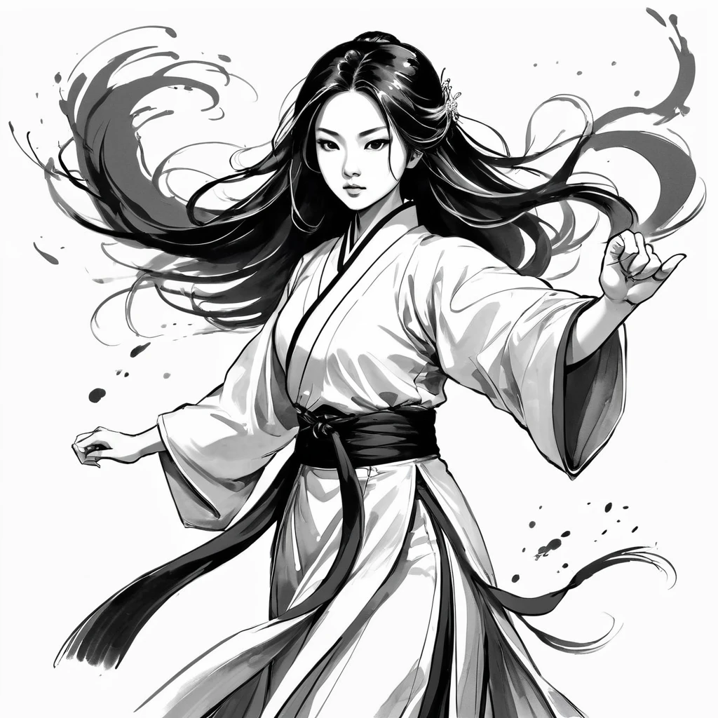 zydink, monochrome, ink sketch, asian (middle age woman), fighting stance, looking at viewer, long hair, floating hair, hanfu, chinese clothes, long sleeves, (abstract ink splash:1.2), white background