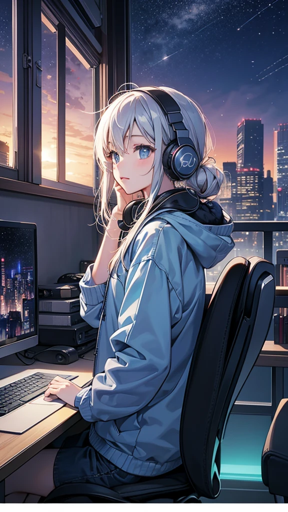 Background urban night sky Large windows Landscape orientation Put the headphones on your head、Listening to music playing from a computer pretty girl
