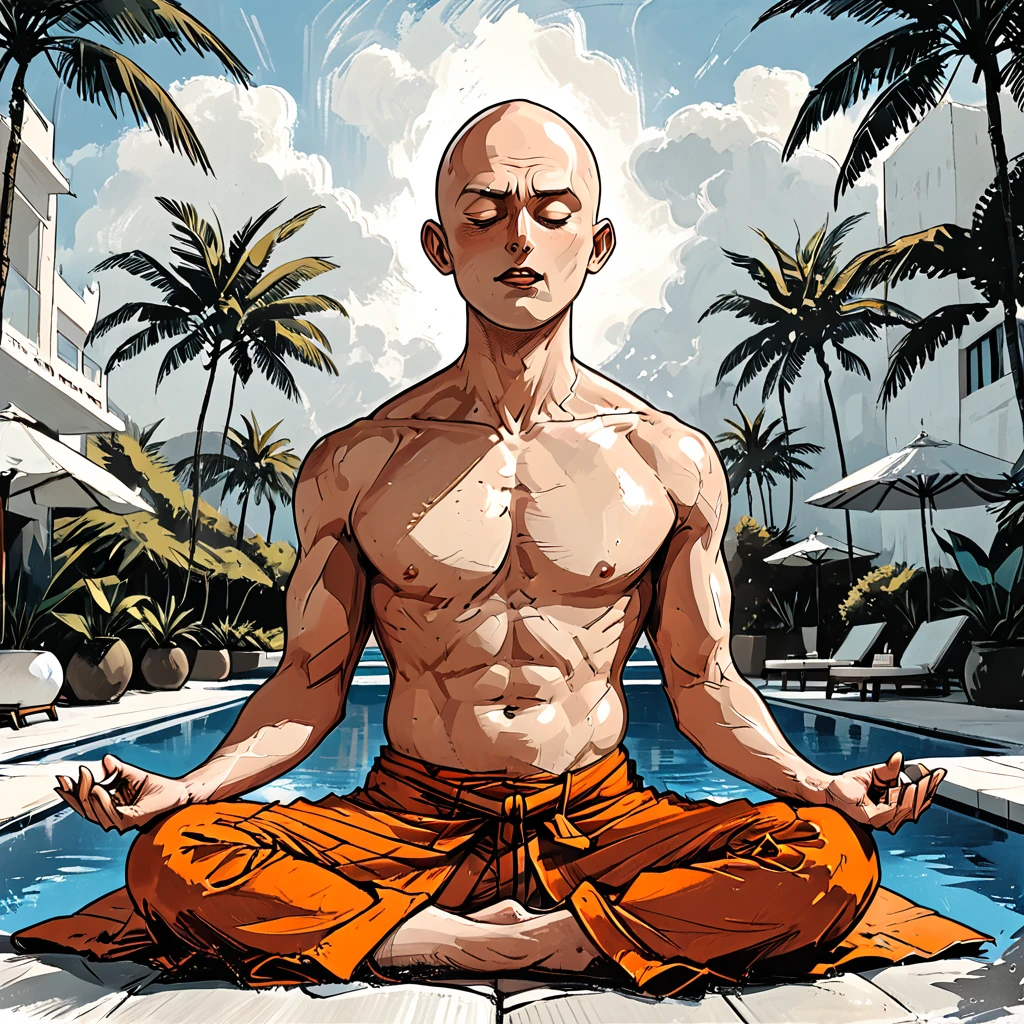 (((open mouth))),blind Buddhist monk sitting in lotus position next to the pool at the white hotel, tropical, palm, white hotel, pool, round face, white eyes, no eyebrows, no hair, bald, paw-eared, round cheeks, narrow lips, man, white sclera eyes, Whitewash Eyes, ((orange Kashaya)), graphic style of novel comics, perfect hands, 2d,
8k, hyperrealism, masterpiece, high resolution, best quality, ultra-detailed, super realistic, Hyperrealistic art, high-quality, ultra high res, highest detailed, lot of details, Extremely high-resolution details, incredibly lifelike, colourful, soft cinematic light,
