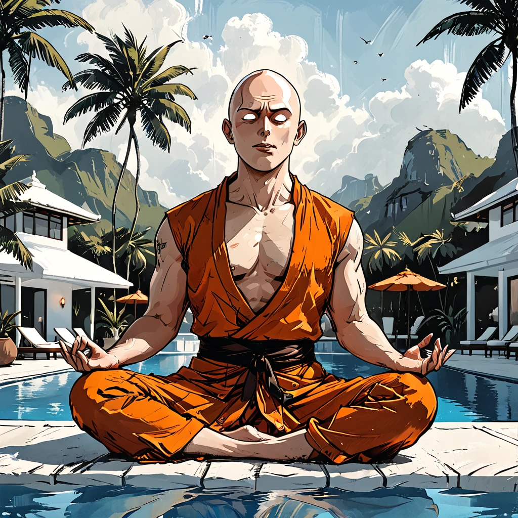 (((open mouth))),blind Buddhist monk sitting in lotus position next to the pool at the white hotel, tropical, palm, white hotel, pool, round face, white eyes, no eyebrows, no hair, bald, paw-eared, round cheeks, narrow lips, man, white sclera eyes, Whitewash Eyes, ((orange Kashaya)), graphic style of novel comics, perfect hands, 2d,
8k, hyperrealism, masterpiece, high resolution, best quality, ultra-detailed, super realistic, Hyperrealistic art, high-quality, ultra high res, highest detailed, lot of details, Extremely high-resolution details, incredibly lifelike, colourful, soft cinematic light,
