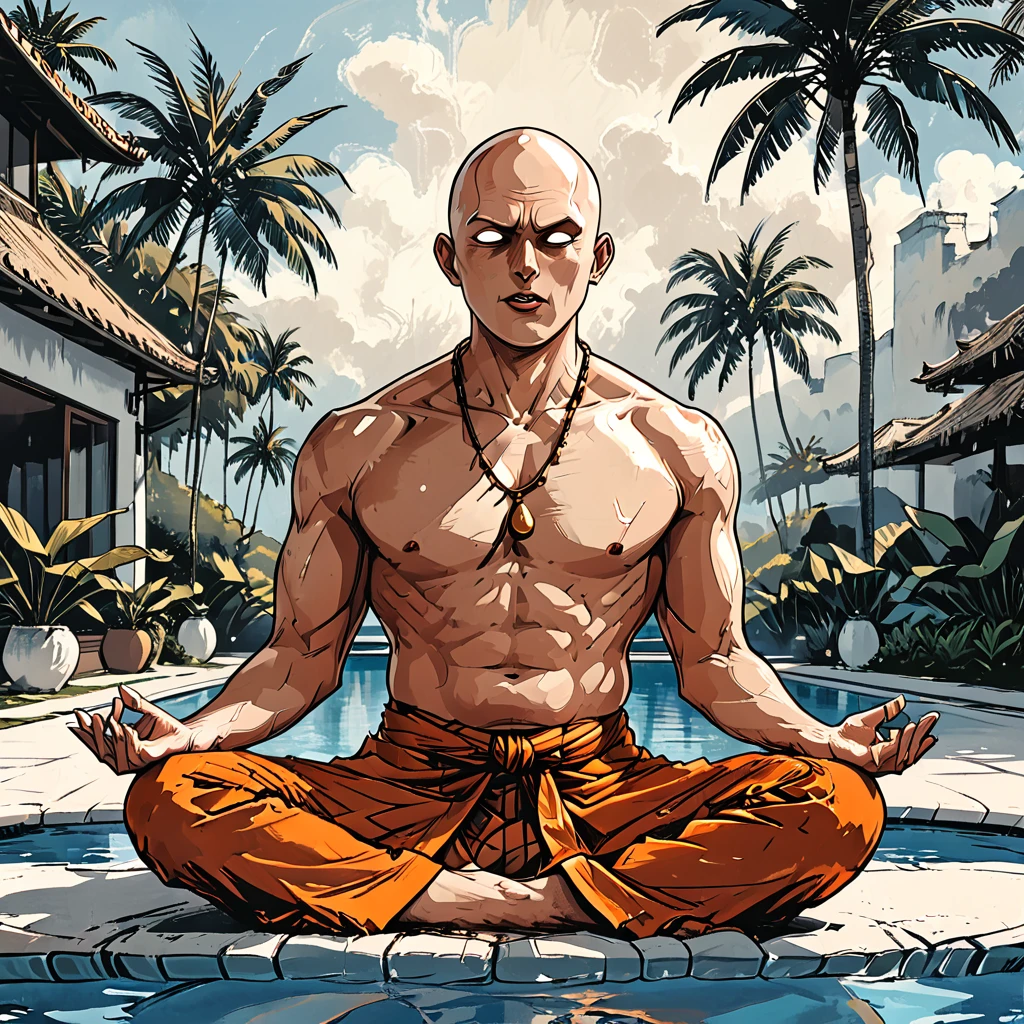 (((open mouth))),blind Buddhist monk sitting in lotus position next to the pool at the white hotel, tropical, palm, white hotel, pool, round face, white eyes, no eyebrows, no hair, bald, paw-eared, round cheeks, narrow lips, man, white sclera eyes, Whitewash Eyes, ((orange Kashaya)), graphic style of novel comics, perfect hands, 2d,
8k, hyperrealism, masterpiece, high resolution, best quality, ultra-detailed, super realistic, Hyperrealistic art, high-quality, ultra high res, highest detailed, lot of details, Extremely high-resolution details, incredibly lifelike, colourful, soft cinematic light,
