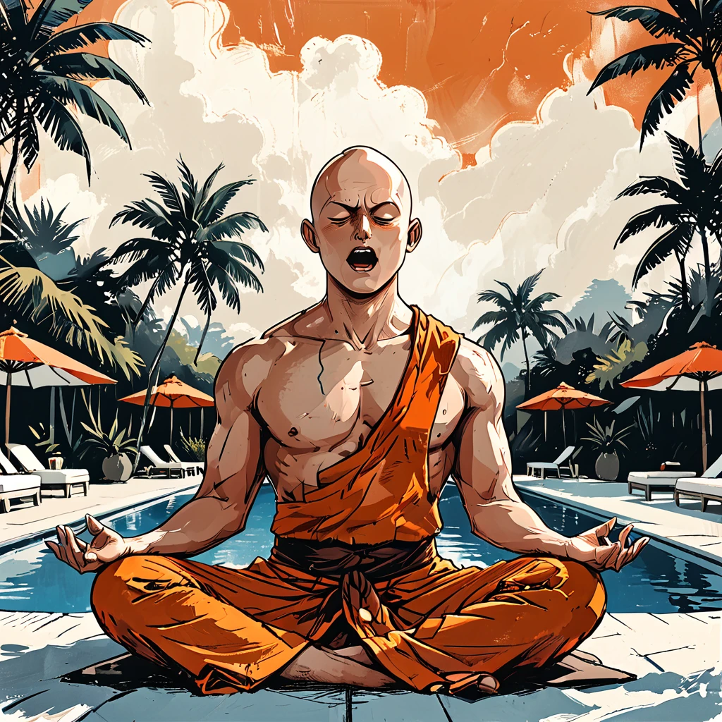 (((open mouth))),blind Buddhist monk sitting in lotus position next to the pool at the white hotel, tropical, palm, white hotel, pool, round face, white eyes, no eyebrows, no hair, bald, paw-eared, round cheeks, narrow lips, man, white sclera eyes, Whitewash Eyes, ((orange Kashaya)), graphic style of novel comics, perfect hands, 2d,
8k, hyperrealism, masterpiece, high resolution, best quality, ultra-detailed, super realistic, Hyperrealistic art, high-quality, ultra high res, highest detailed, lot of details, Extremely high-resolution details, incredibly lifelike, colourful, soft cinematic light,
