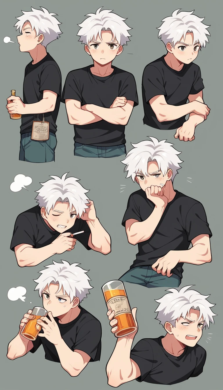 Highest quality, (8K, 16K, Awards, Highest quality, High resolution, Super Detail, gender: Male Age group: Middle-aged hairstyle/color: White hair Person pose: Drinking alcohol with a cigarette nearby: Serious gaze: Front Clothing：Black shirt: Scenes and situations in which you sit in a chair: A corner seat in a dimly lit bar