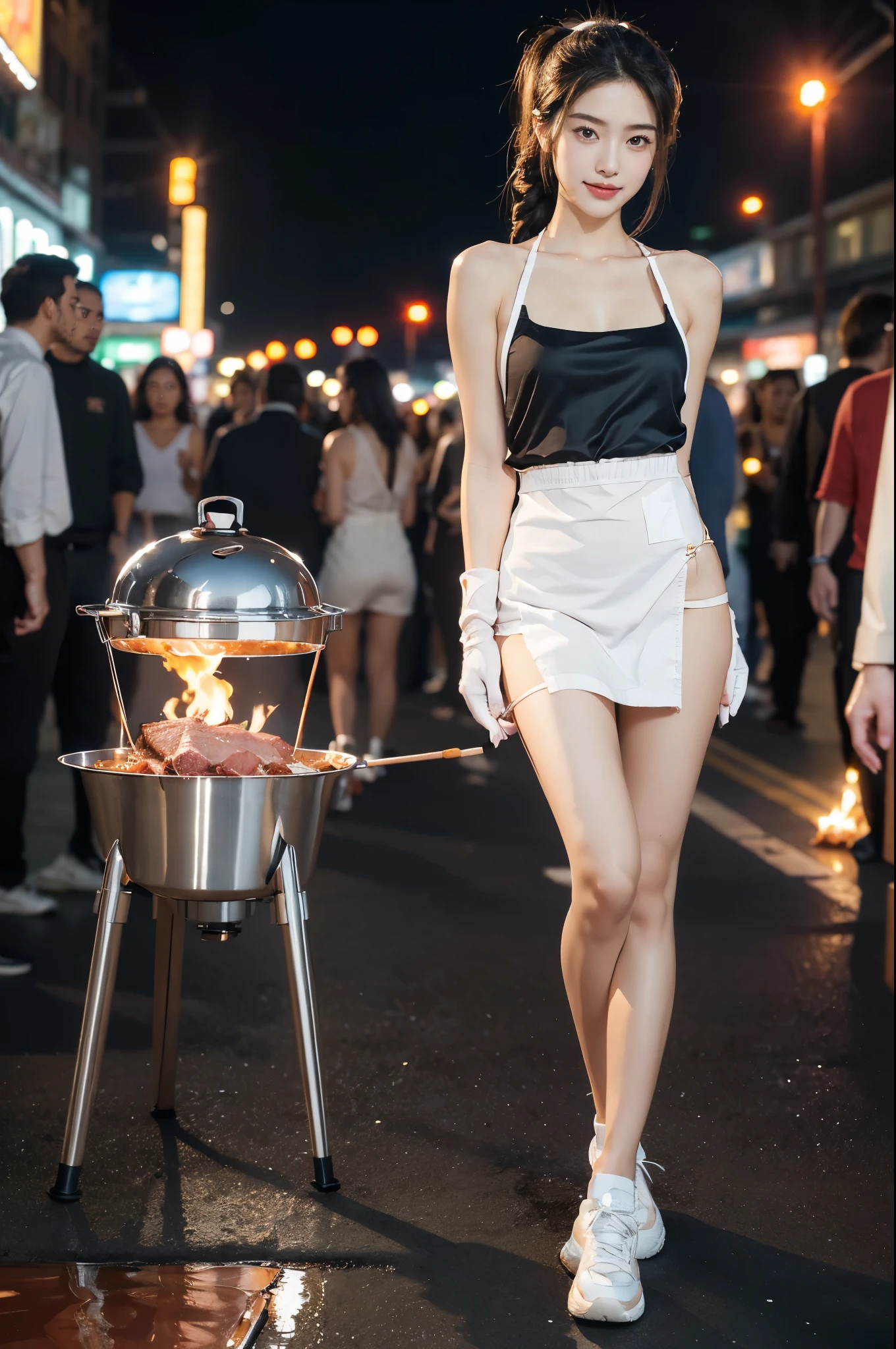 (((best quality))),(((ultra detailed))),(((masterpiece))),illustration,((1 beautiful girl,solo)),((slim,thin)),((small breasts,flat chest)),summer night,metropolis,((barbecue joint)),humble,vibrant energy,city that never sleeps,(short ponytail:1.2),(((female orgasmic,blush))),(sweat:1.3),(shiny skin:1.5),(sheer apron:1.3),((bare shoulders,bare arms)),(gloves:1.3),((slender legs,sneakers)),(standing:1.3),lightweight,practicality,((sizzling hot grill)),smooth,tanned skin,soft glow,skillfully,((skewers,meat)),intense concentration,bright eyes,alert,passion for work,atmosphere,vibrant,dynamic,laughter,conversation,sizzle,crackle,aromatic scent,tinged,radiant smile,genuine enjoyment,easy manner,warm presence,community,dedication,beauty in simplicity,midst of bustling city streets,outdoor,midnight,((from front,full body)),(surrounded by crowded crowds:1.3)