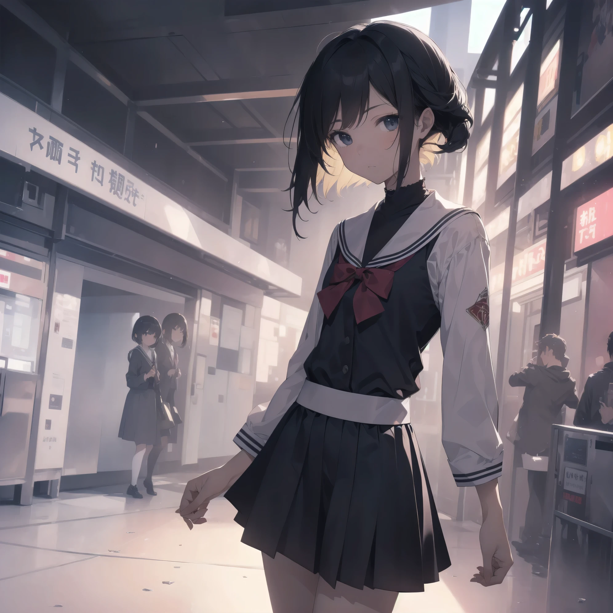 ultra-absurdres-Top quality by artist God, ultra-detailed, high resolution, anime moe artstyle, best anime 8k konachan wallpaper, pixiv contest winner, pool:2810, perfect anatomy,break, 1girl, (Please draw a girl walking sleepily to school alone. )break,(Solo,little female, 13-year-old:1.3),Full limbs, complete fingers,a junior high school student, (very short hair), short cut, flat chest, , small butt, small black eyes, beautiful detailed eyes, well-proportioned iris and pupils, expressive eyes, highres detailed hair, soft expression, salor school_uniform, sailor collar, serahuku, bow, pleated skirt,(Detailed Lighting), (Detailed background), in the School commute route. break,super detailed skin, Best cinematic lighting powered by famous artist, 8k,beauty illustration,photoshop_(medium),very aesthetic,break,((artist:yamamoto_souichirou )), artist:clamp ,artist:carnelian ,artist:kantoku ,
