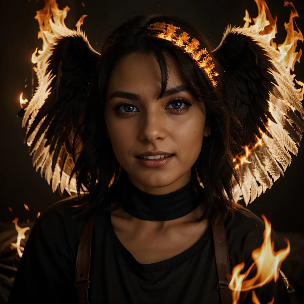 beautiful dark angelic eye with fire and teeth, dark