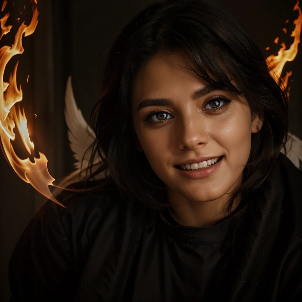 beautiful dark angelic eye with fire and teeth, dark