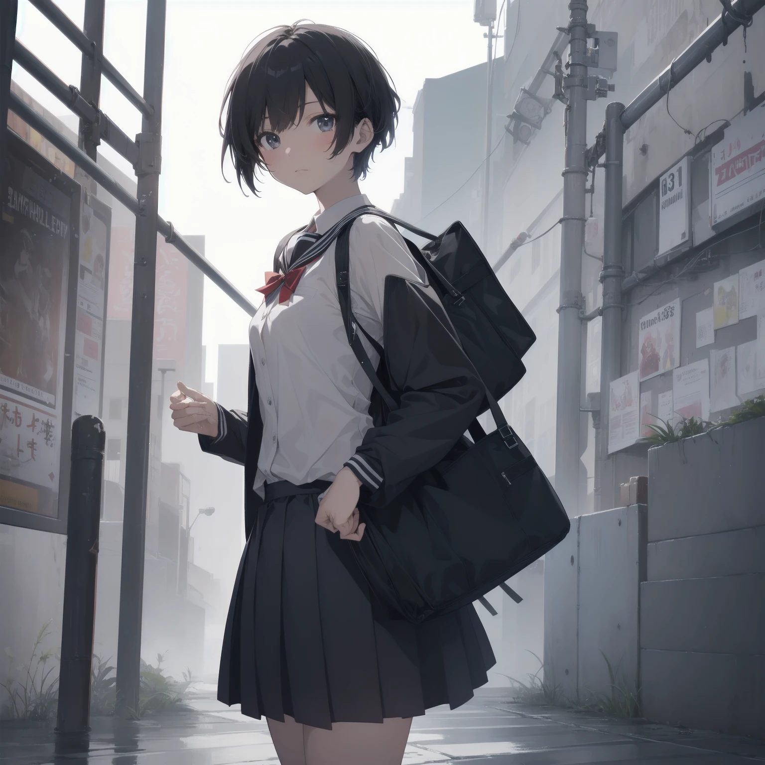 ultra-absurdres-Top quality by artist God, ultra-detailed, high resolution, anime moe artstyle, best anime 8k konachan wallpaper, pixiv contest winner, pool:2810, perfect anatomy,break, 1girl, (Please draw a girl walking sleepily to school alone. )break,(Solo,little female, 13-year-old:1.3),Full limbs, complete fingers,a junior high school student, (very short hair), short cut, flat chest, , small butt, small black eyes, beautiful detailed eyes, well-proportioned iris and pupils, expressive eyes, highres detailed hair, soft expression, salor school_uniform, sailor collar, serahuku, bow, pleated skirt,(Detailed Lighting), (Detailed background), in the School commute route. break,super detailed skin, Best cinematic lighting powered by famous artist, 8k,beauty illustration,photoshop_(medium),very aesthetic,break,((artist:yamamoto_souichirou )), artist:clamp ,artist:carnelian ,artist:kantoku ,