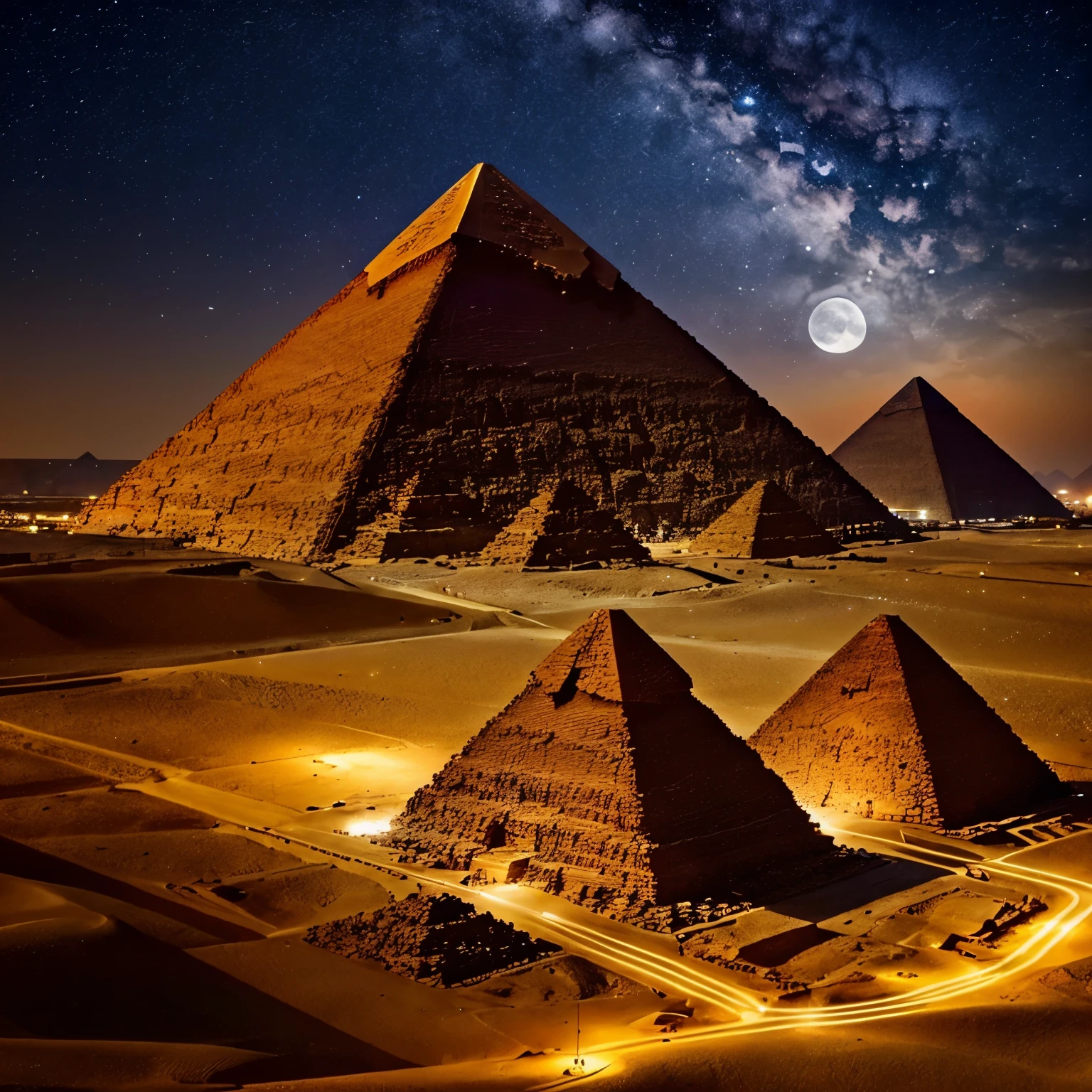 The picture I want you to draw: Egyptian pyramids at night。Moonlight illuminates the pyramids of Giza、A landscape that highlights the tranquility of the desert and the grandeur of the pyramids。The background is a starry sky。