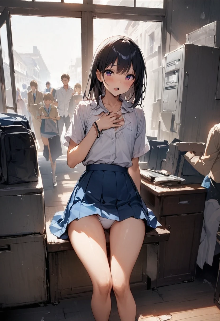 School、In the classroom、Sitting in a chair、Girl、Girl、Short、Younger、Lower school year、Baby Face、flat chest、Dynamic Angle、masterpiece、best quality、ultra-detail、Great Khan、The air conditioner is broken、Summer sunshine、Miniskirt、Panties、Spreading legs、Looks hot、Raise one leg、The desks are lined up、corridor、window、Seems like a hassle、Complaining、There are several classmates behind me.、Clothing、Untidy appearance、Her chest is exposed、Wide Stride、Fan、With his mouth open sloppily
