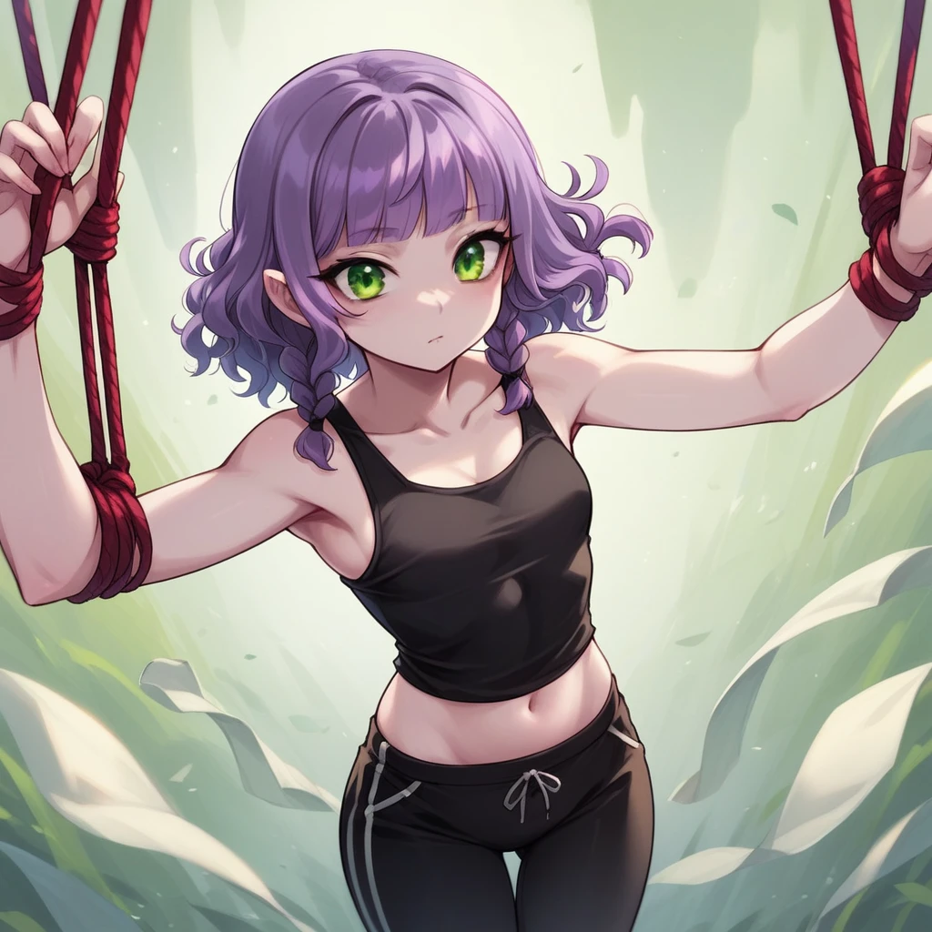 The girl closes her eyes and shouts loudly,pale-purple hair, a dynamic angle, wavy hair blowing in the wind, bluA girl and an alien, the girl is tied up by the alien with a rope, a girl with pale purple twin braids hair and green eyes, an alien with silver body and big black eyes,nt bangs hair, black and green eyes,small breast, A black tank top showing her slim belly, black drawstring pants, 