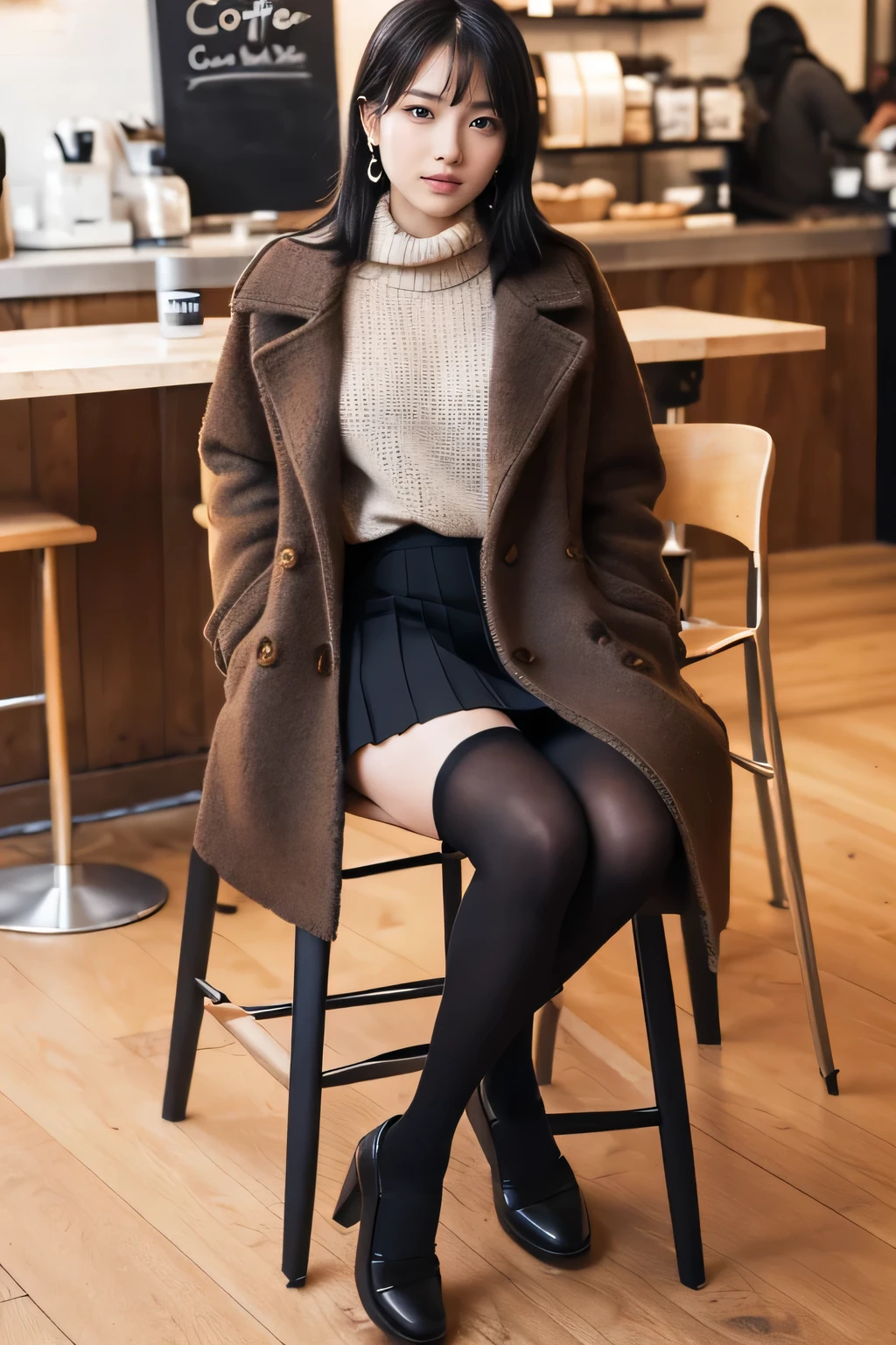 high quality,16K:1.1),(, Woman sitting on a chair in a coffee shop）（Full Body Shot:1.2),Black Hair、ear piercing、smile、Beautiful teeth alignment、((coat、sweater、Knee-length skirt、tights、ショートブーツ)), ,(View your audience:1.3),Coffee shop in the background
