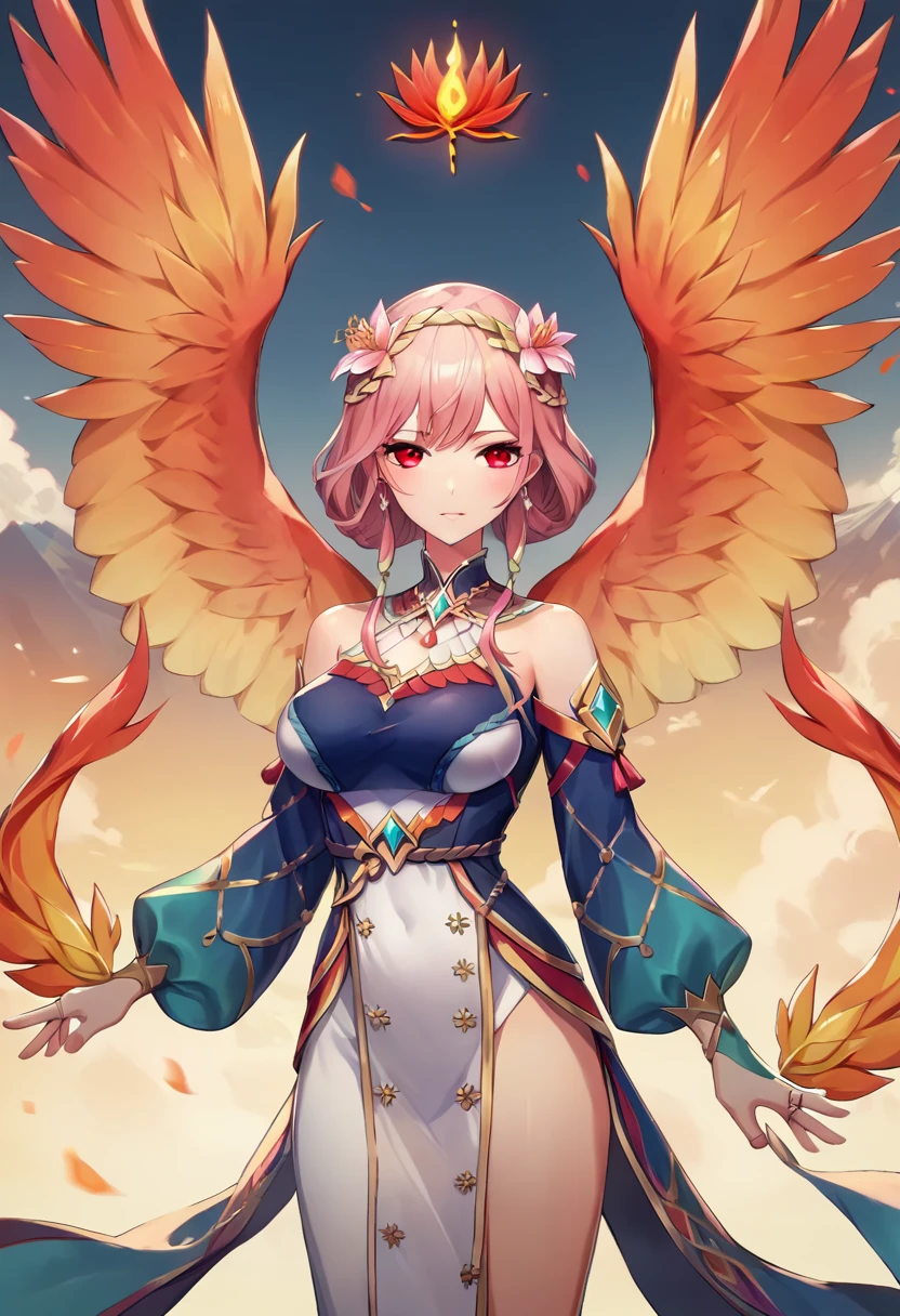 (masterpiece, Highest quality: 1.2), a girl with Phoenix wings standing in a ring of fire, Red eyes glow, Phoenix, Lotus flower, Red Gold Pink, Sunrise with mountains in the background