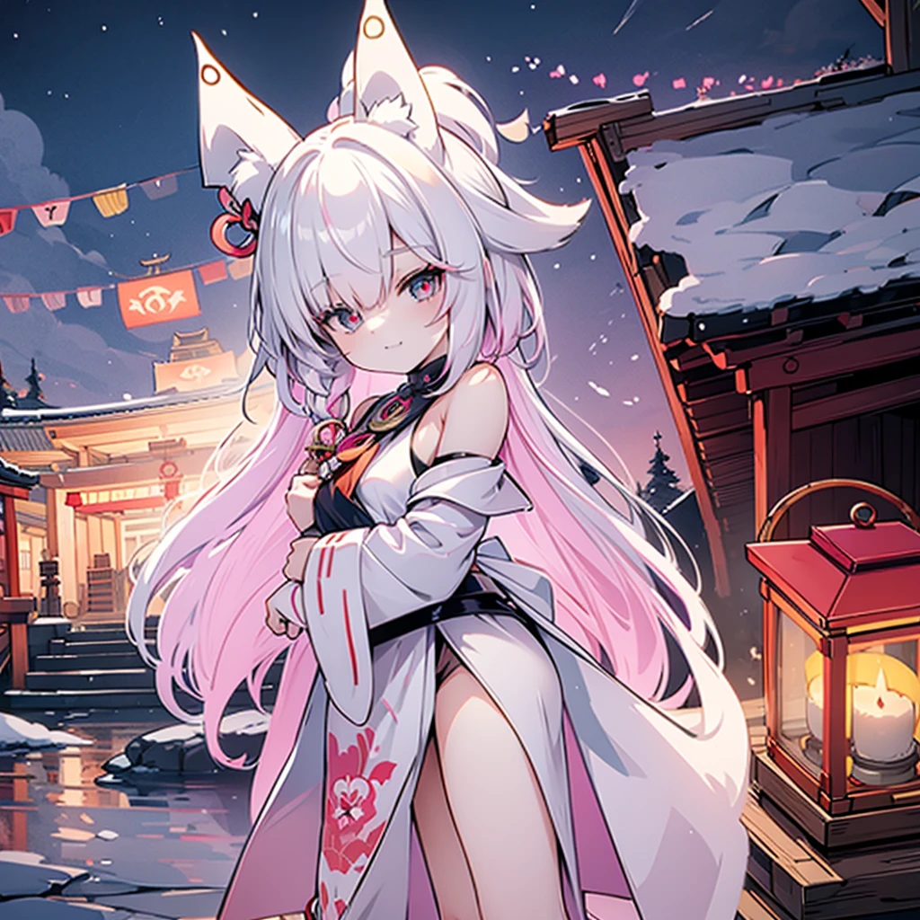 fox maiden, shrine, maiden, pink color fur, miko clothing, fox ears, night, lanterns, pink hair color, 16 years old, blood red eyes, smirk