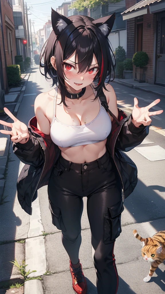 1 lady, masterpiece, Highest quality, ultra detailed, CG unity 8k wallpaper, Cinema Lighting, Lens flare, ultra detailed eyes, Red eyes, Collapsed night streetFluttering hair, black hair,
red streaked hair , cat ears, black ears , cat's whiskers , short hair, slicked back hair, abdominals、Bright smile open mouth、 (black Cargo pants,red TankTops, ), profetional lighting、 Gray Light Lighting, large breasts, muscular, evil smile, evil grin, (sharp eye:1.2),(scowl:1.1), (stare at viewer:1.5),  (embarrassed,blush:1.3), ,nsfw,(ecstasy:1.3) ,(slut:1.2),(vulgarity:1.3),(fucked silly:1.1),(steam:1.1),(wet:0.8),(drooling:0.6),(sweat:0.8), (defenseless、Beautiful eyes illuminated by the light、Shiny Hair、Reflected Eyes ), Stick her tongue out, {very aesthetic}, cat tail, thigh-high socks, striped socks, red shoes, black tail, dirty alley, portrait, full body, Waving gesture, shiny skin,standing, spreading both arms, wide shoot,