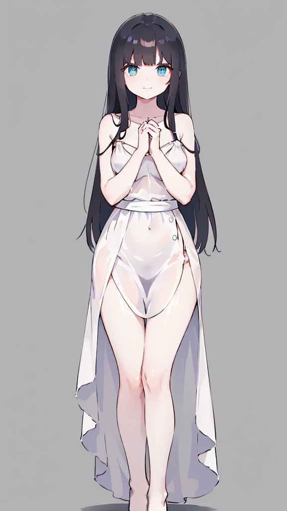 (long straight black hair,Air bangs),(innocent,Big aqua eyes,like a gem),(C cup,Petite stature,Slim waist and big hips,fair skin),(Only wearing a pure white dress,Flat mouth,spaghetti straps,Expose the skin of your hands and thighs),(The length of the dress should not exceed the thigh,You should be able to see the curve of your thighs,Highlight your figure),(Standing,Hands lowered and hidden behind the back,Looks a little shy,but with a smile),(Solid black and gray background)
