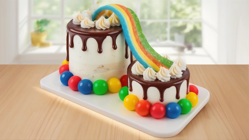 in the kitchen, on a wooden table, on a porcelain plate, two cakes made of white cream, sugar candies on the bottom, chocolate ganache on the cake, white swirls on the chocolate ganache, window light, bright lights, soft light, window light, professional lighting, light from the window, neat light, realistic texture, realistic style, detailed texture, high quality, high resolution, high quality rendering, realistic photo, brightning light, macro photo