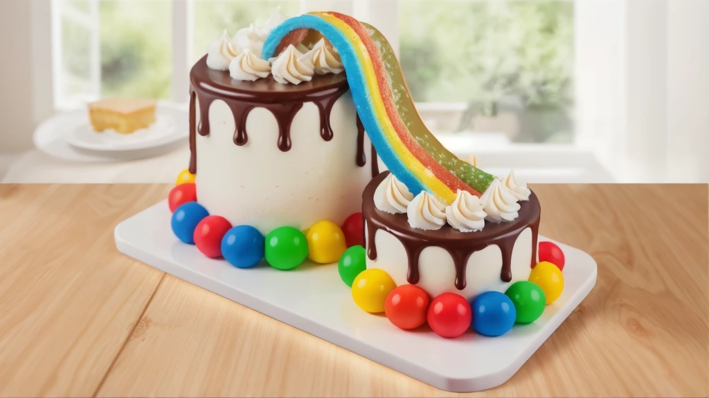in the kitchen, on a wooden table, on a porcelain plate, two cakes made of white cream, sugar candies on the bottom, chocolate ganache on the cake, white swirls on the chocolate ganache, window light, bright lights, soft light, window light, professional lighting, light from the window, neat light, realistic texture, realistic style, detailed texture, high quality, high resolution, high quality rendering, realistic photo, brightning light, macro photo