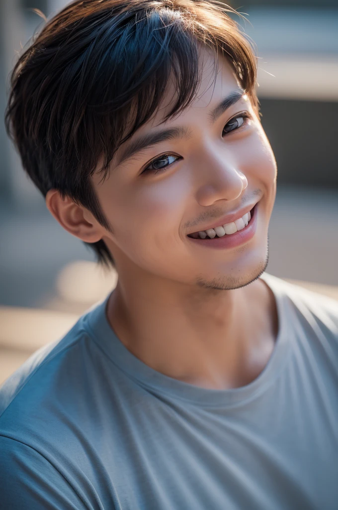 Award-winning photo:1.3) of (Ultra-realistic:1.3),(smile:1.3) (close:0.7), Man in T-shirt, 本物of肌, Canon 5D, 85mm, Ultra Sharpness, RTTX 10.0, Octane, unrealistic, Dramatic Light, Global Illumination (Artist: WLOP:1.3),Very detailed,(Agfa Color:1.3),(Close-up portrait:1.3),(beautiful:1.4),(Charm:1.3),good looking,An eye for perfect detail