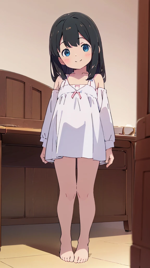 ((masterpiece))((Highest quality))girl、smile、blush、Flat Chest、Are thin、、low length、Long Black Hair、Embarrassed、Are standing、Whole body image、Even your toes are visible、Eye level on face、front、No background、mayonnaise、真frontのアングル