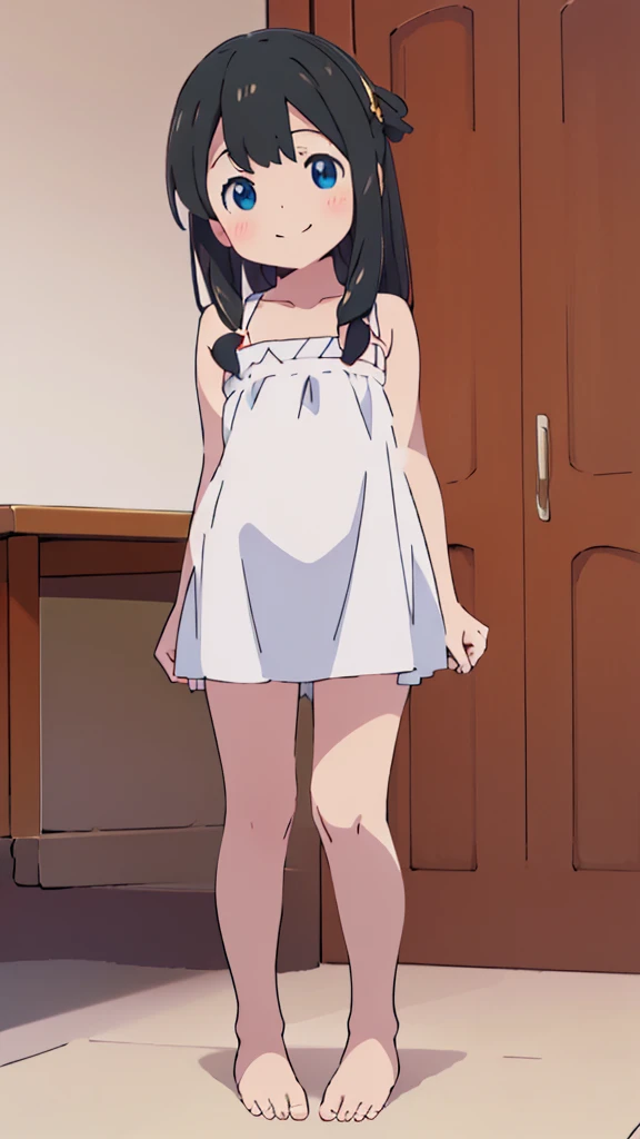 ((masterpiece))((Highest quality))girl、smile、blush、Flat Chest、Are thin、、low length、Long Black Hair、Embarrassed、Are standing、Whole body image、Even your toes are visible、Eye level on face、front、No background、mayonnaise、真frontのアングル