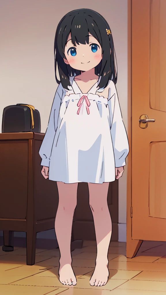 ((masterpiece))((Highest quality))girl、smile、blush、Flat Chest、Are thin、、low length、Long Black Hair、Embarrassed、Are standing、Whole body image、Even your toes are visible、Eye level on face、front、No background、mayonnaise、真frontのアングル