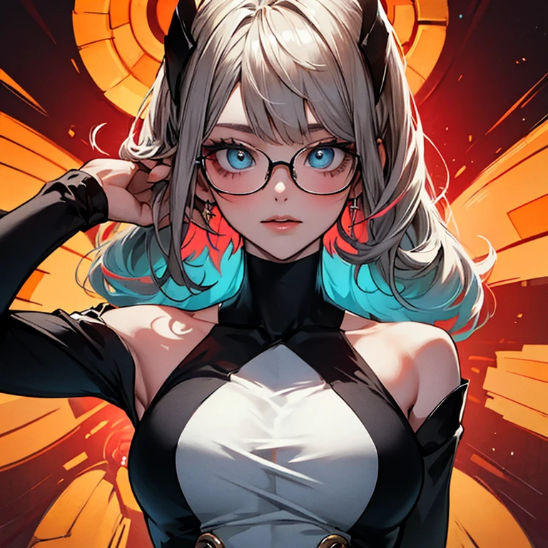 Highest quality,Highest Resolution,One girl,Big Breasts,Short Bob,Very beautiful eyes,whole body,Glasses,Colorful,Look up,whole body,it's raining