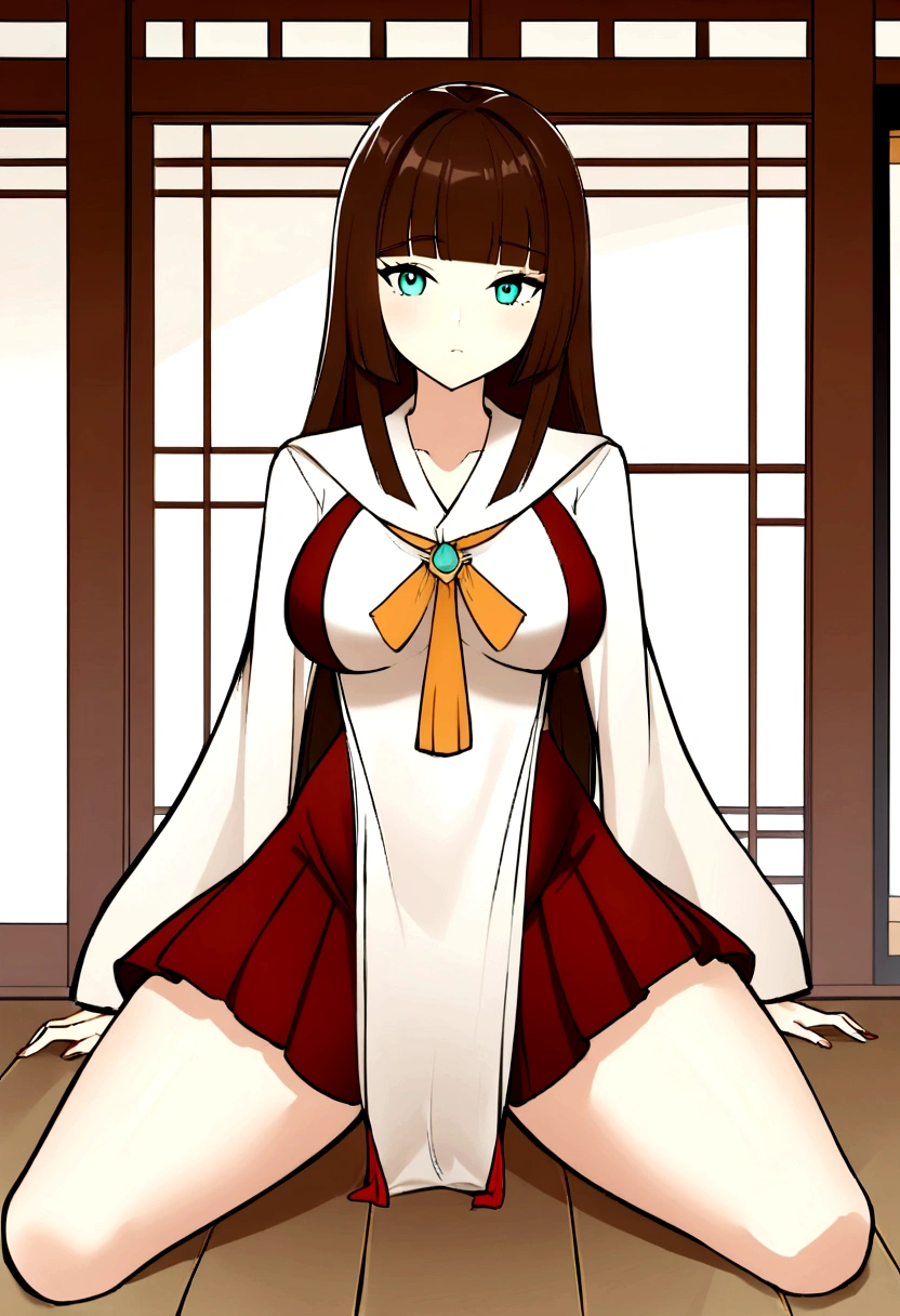 1girl, solo, brown long hair, bangs, hime cut, japanese hime, aquamarine eyes, médium breast, hip_bones, medium hips, japanese scholar uniform, perfect ilustration, stable diffusion 5, genshin impact style, full-body, spread legs, standing 