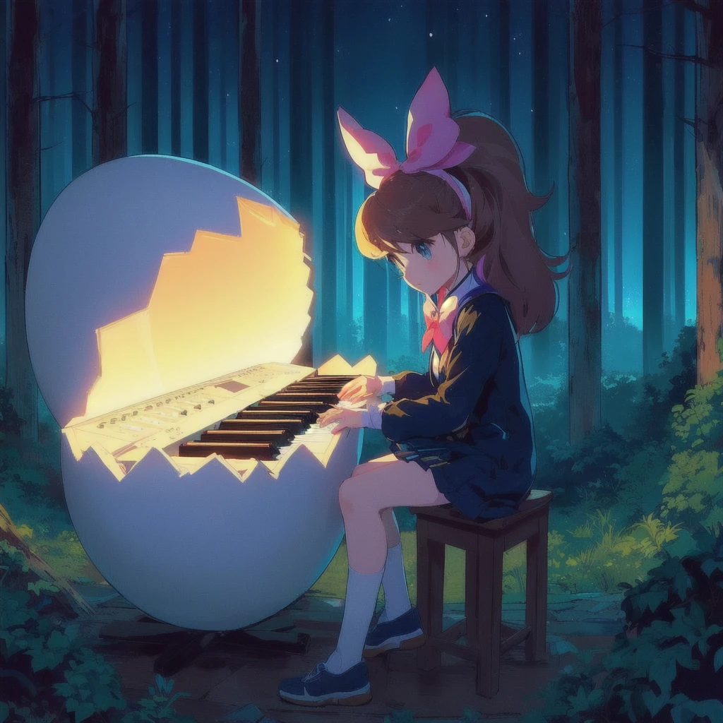 Anime girl playing keyboard on a giant egg,Celeste's Madeline, Official Artwork, Lofi Art, 80s anime style,official Fan art, Lo-fi Girl, nodded, lofi album art, Promotional Art, Fan art, high quality Fan art, Background artwork, Official Art, Lofi Artstyle, Synth feel, High quality artwork, Chill Hop, Portrait of Rofi
