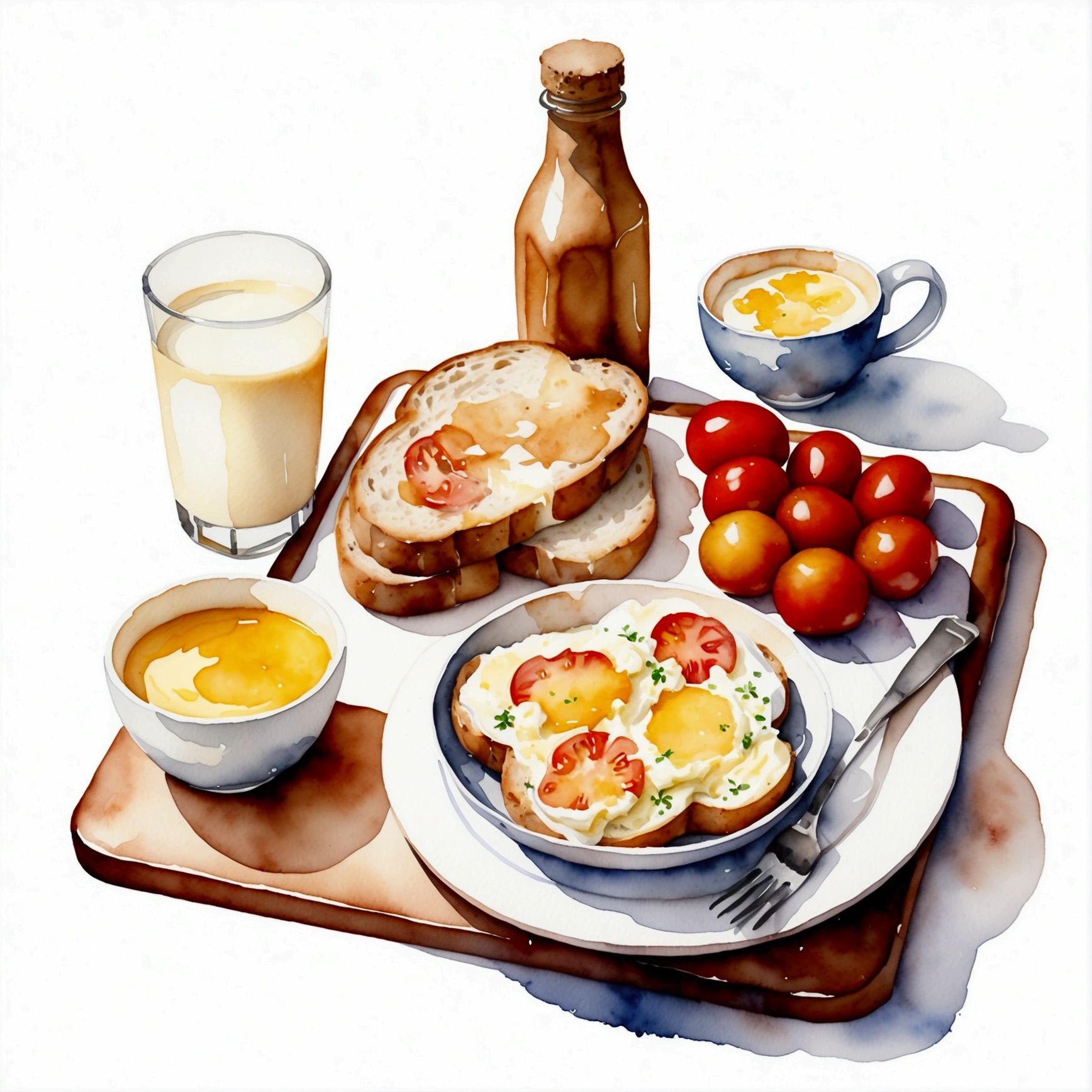 a very clean image painting of a healthy breakfast meal, a scrambled egg, a bread, a slice of roasted meat, a glass of (milk) , a glass of (orange juice), two slices of tomatoes, a spoon, a dining fork, a butter knife, dining set, three slices of potatoes, ((watercolor)), solid white background, center composition, negative space around the object, washed out color, detailed masterpiece, loose drawing, clipart, vector art, illustration, a cup of (coffee)