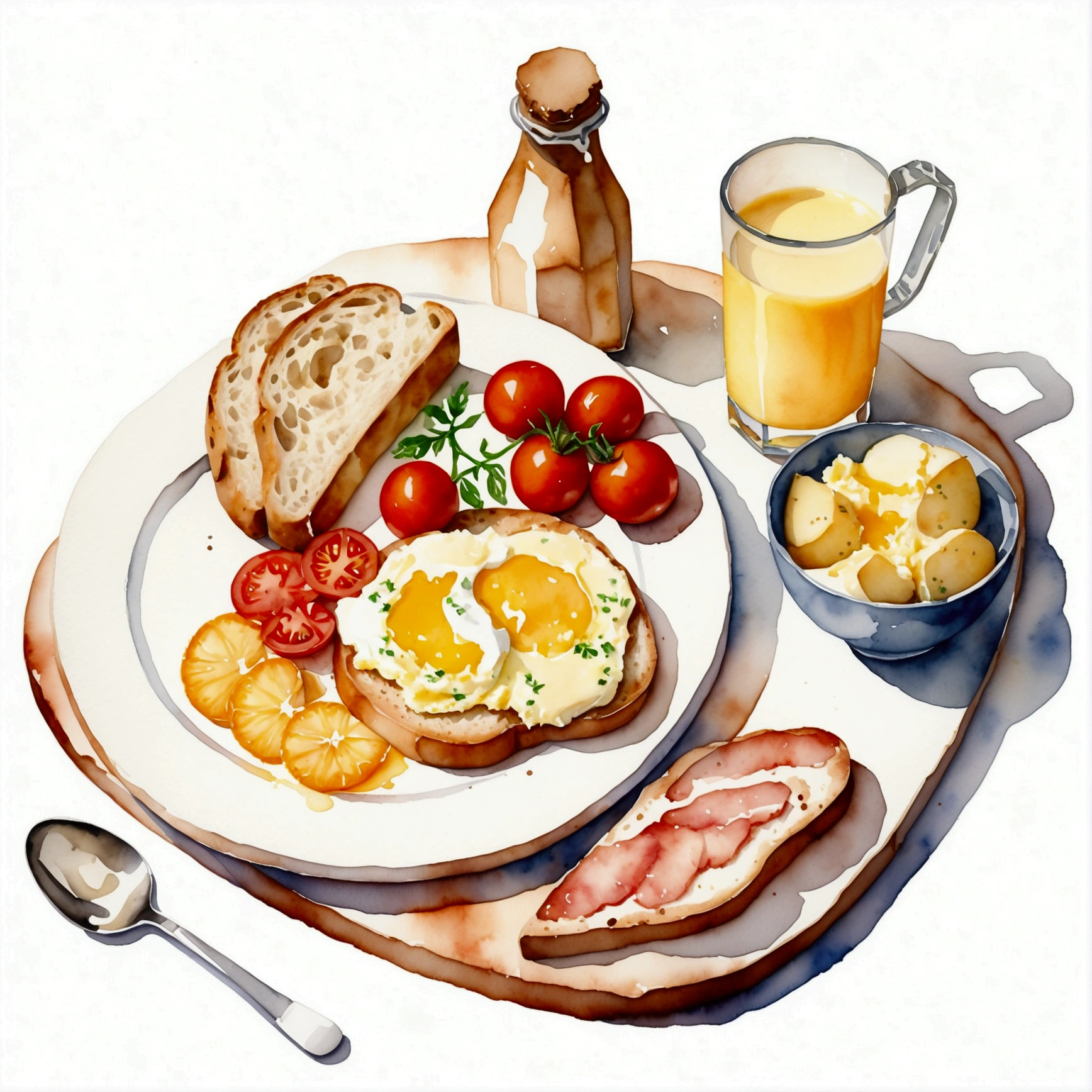 a very clean image painting of a healthy breakfast meal, a scrambled egg, a bread, a slice of roasted meat, a glass of (milk) , a glass of (orange juice), two slices of tomatoes, a spoon, a dining fork, a butter knife, dining set, three slices of potatoes, ((watercolor)), solid white background, center composition, negative space around the object, washed out color, detailed masterpiece, loose drawing, clipart, vector art, illustration, a cup of (coffee)