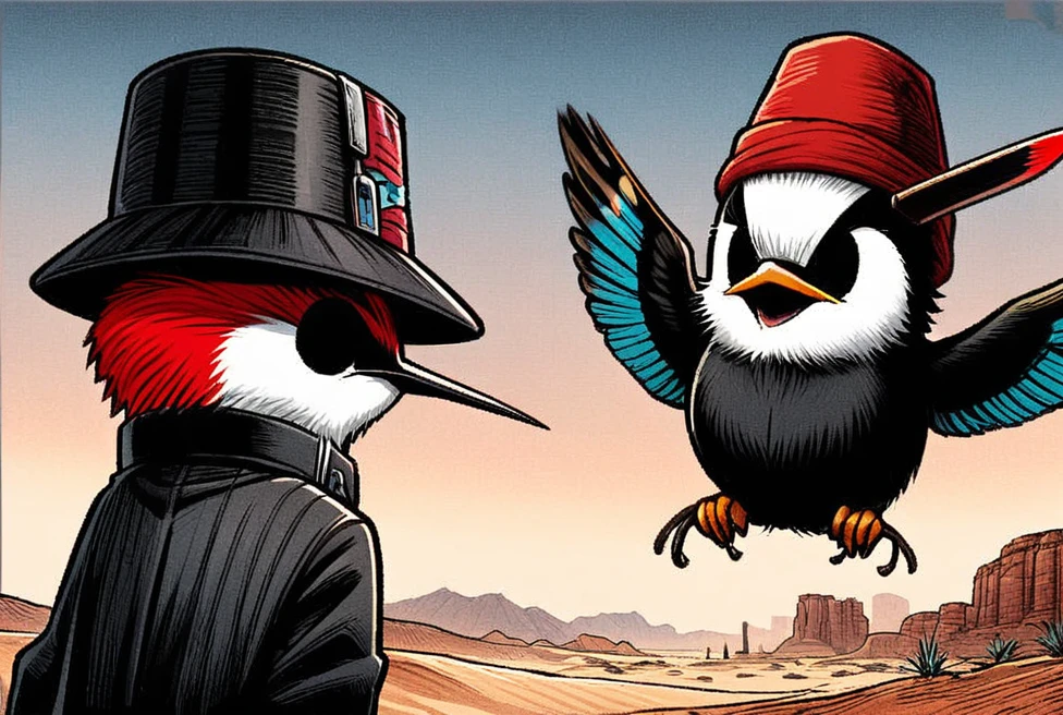 Woodpecker Hummingbird, Hummingbird Mouth, Square Eye, Red Turban Hat, Black Techwear Jacket, holding Gunshots, Desert, Style of MFKZ