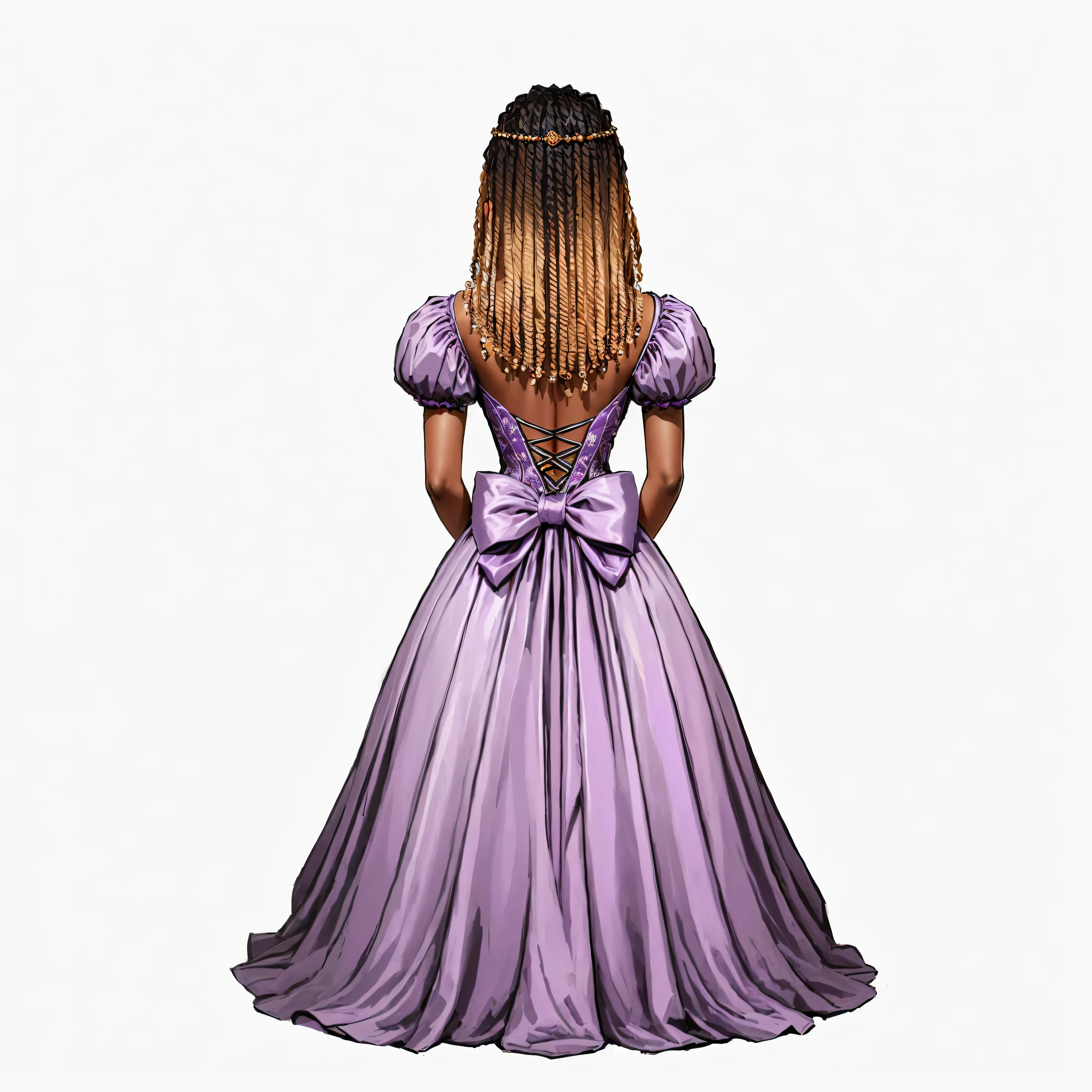 arafa woman in a purple dress with a big bow, african american elegant girl, rear view. nuri iyem, half turned lady in evening dress, dressed in a purple dress, black african princess, Detailed dress and face, girl in dress, in full growth behind, beautiful female princess, african american girl