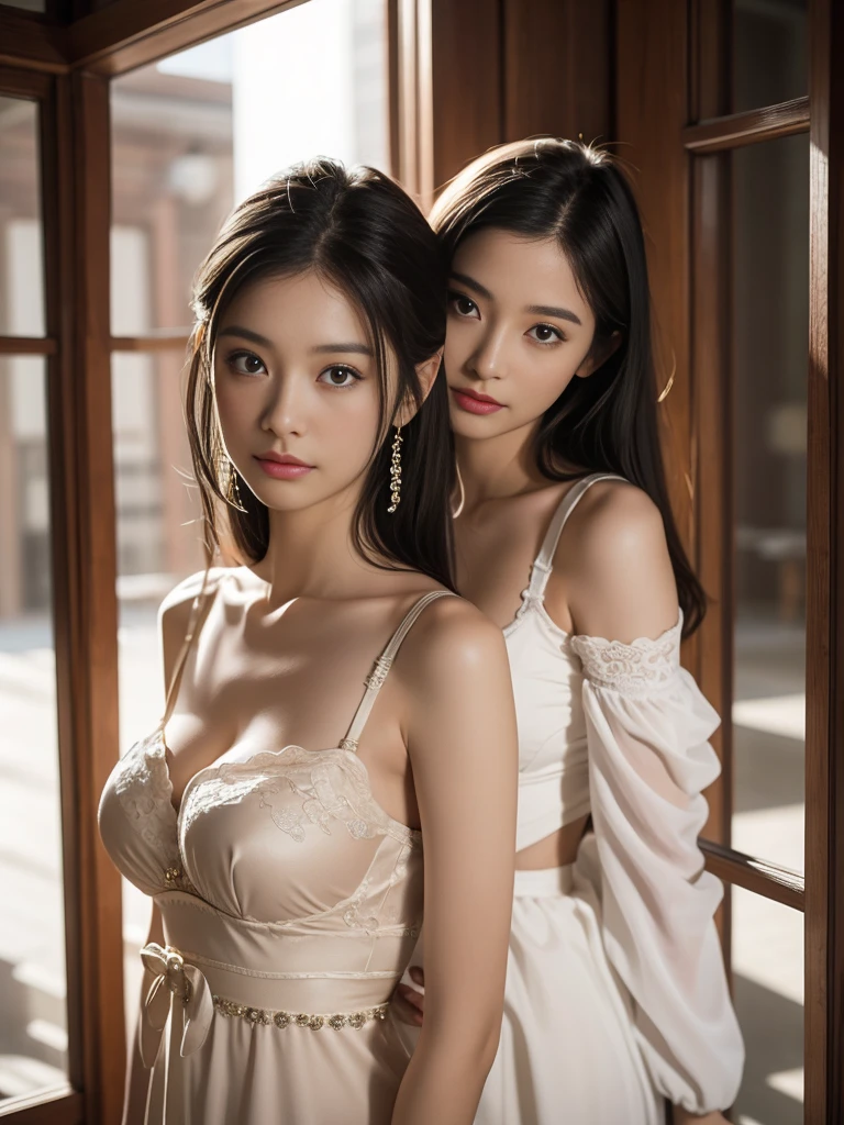 bra,Two Girls, length_hair, bright_hair_color, Fascinating_eye, mysterious_Performance, Mature Woman_exterior, slender_Costume, Flowing_dress, elegant_jewelry, complicated_Decoration, magic_symbol, Shine_accessories, Portion, ,少しだけ見えるすごくSmall breastsの谷間,Small breasts