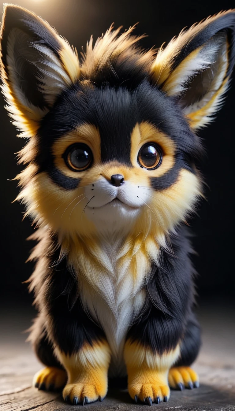 zhibi, furry pokemon, Realistic Pikachu|神奇宝贝风格的小猫monster, "monster", cute的, Colored yellow fur, 巨大的cute美丽的细致赤壁眼睛, cute, eye contact, 8K, Human Development Report, Raw, Surrealism, Extremely detailed, Clear focus , black background, , Fine fur